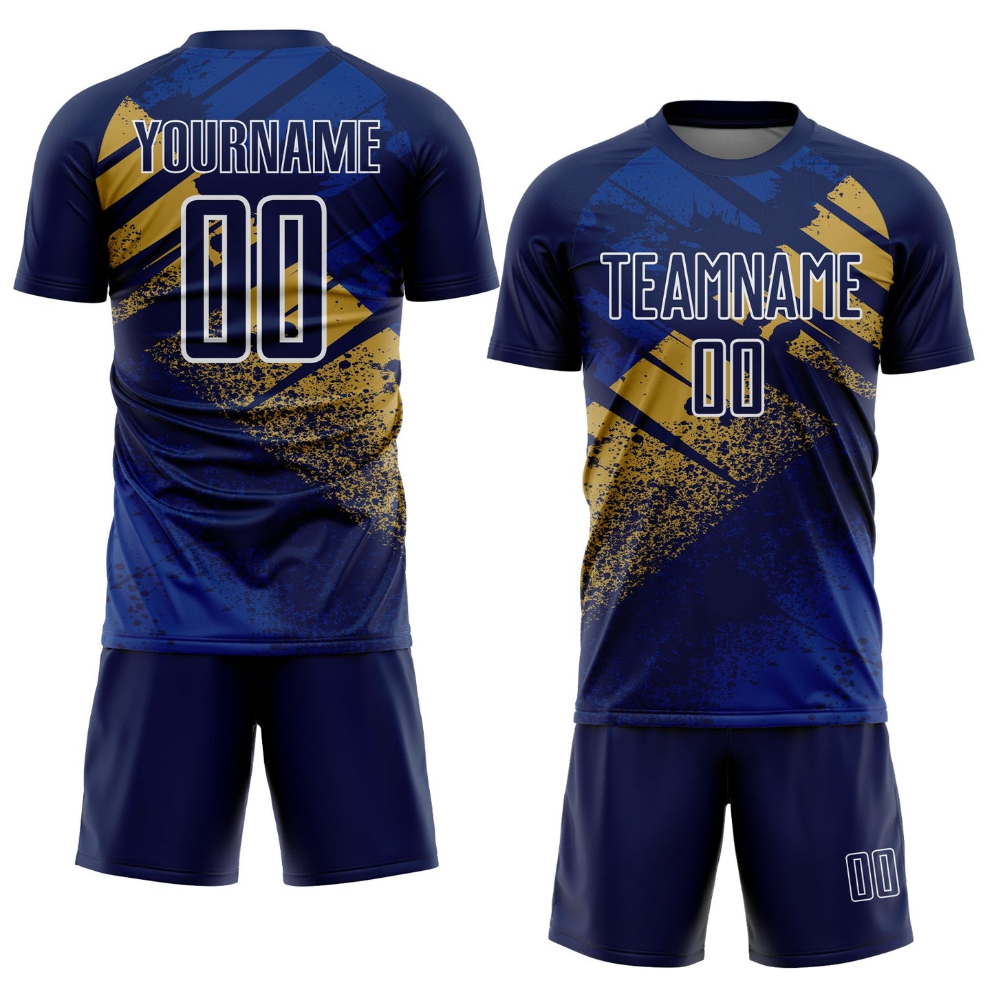 Custom Navy Old Gold-White Grunge Splatter Brush Stroke Sublimation Soccer Uniform Jersey view 2