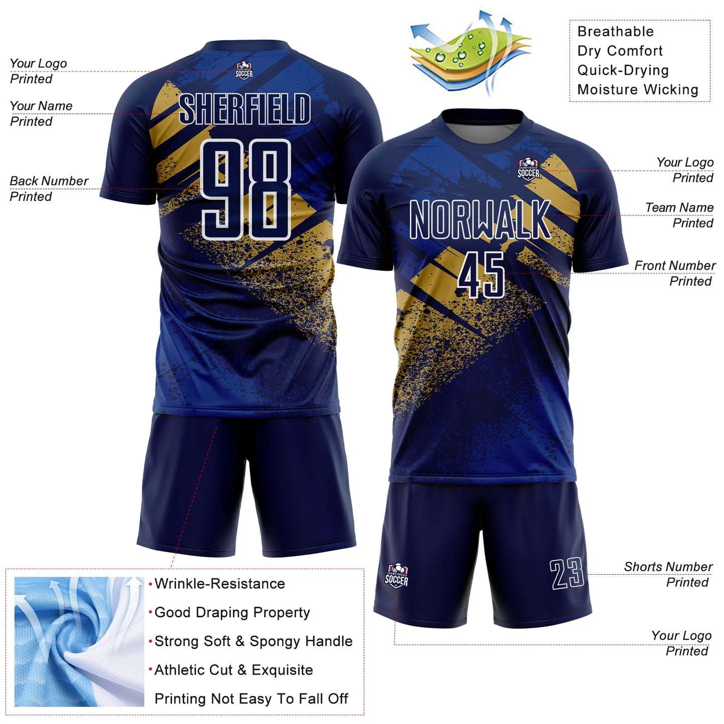 Custom Navy Old Gold-White Grunge Splatter Brush Stroke Sublimation Soccer Uniform Jersey view 4