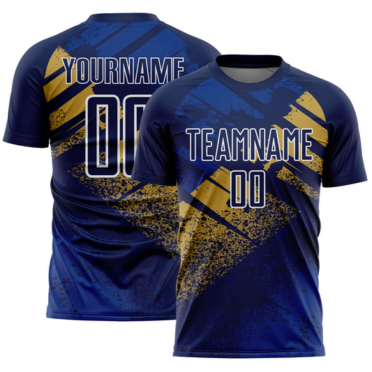 Custom Navy Old Gold-White Grunge Splatter Brush Stroke Sublimation Soccer Uniform Jersey - Main View