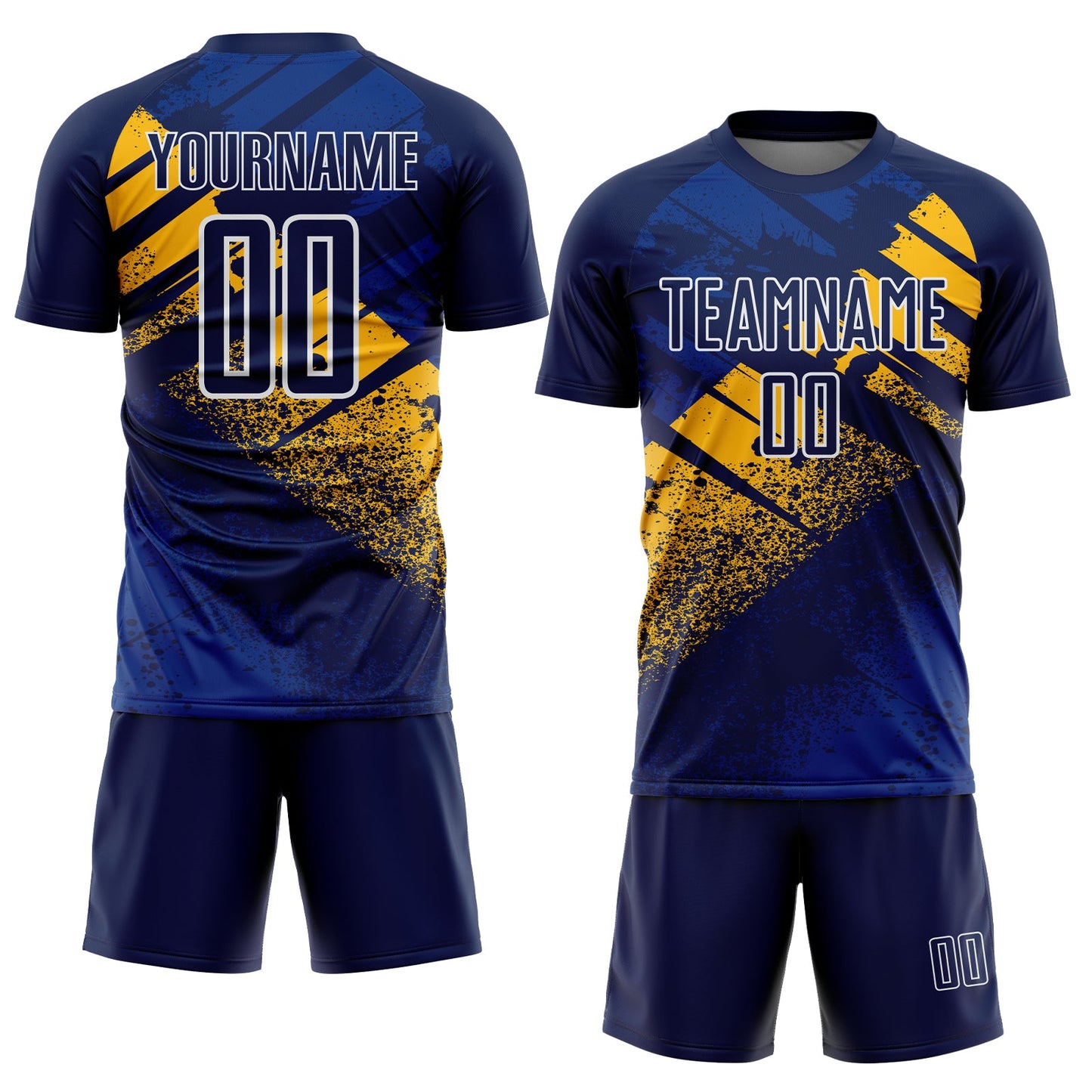 Custom Navy Gold-White Grunge Splatter Brush Stroke Sublimation Soccer Uniform Jersey view 2