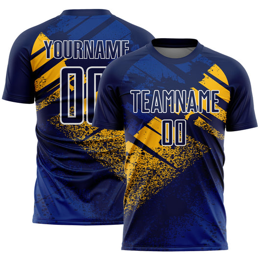 Custom Navy Gold-White Grunge Splatter Brush Stroke Sublimation Soccer Uniform Jersey - Main View