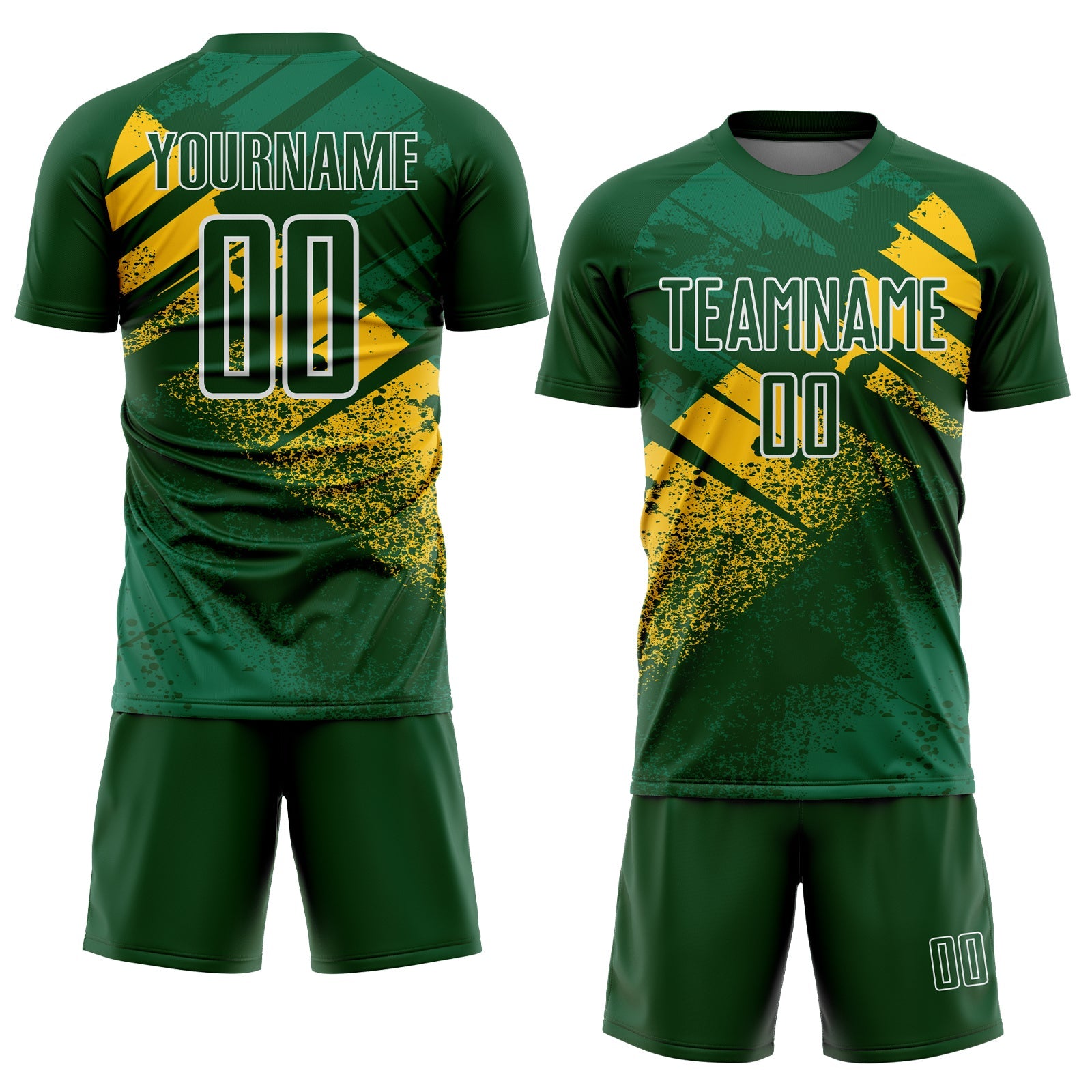 Custom Green Yellow-White Grunge Splatter Brush Stroke Sublimation Soccer Uniform Jersey view 2