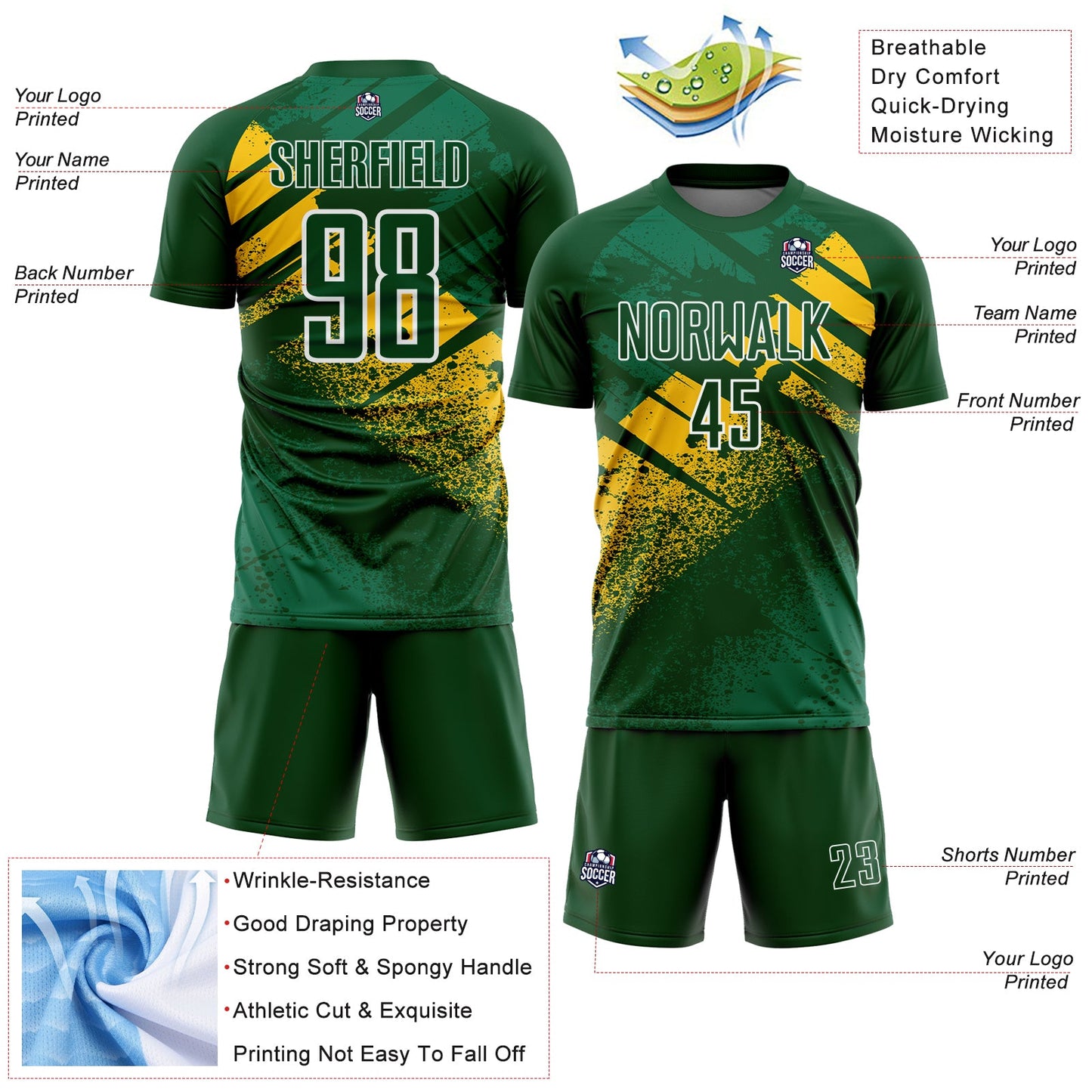 Custom Green Yellow-White Grunge Splatter Brush Stroke Sublimation Soccer Uniform Jersey view 4