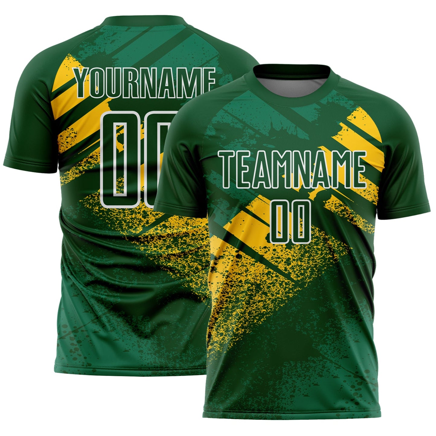 Custom Green Yellow-White Grunge Splatter Brush Stroke Sublimation Soccer Uniform Jersey - Main View