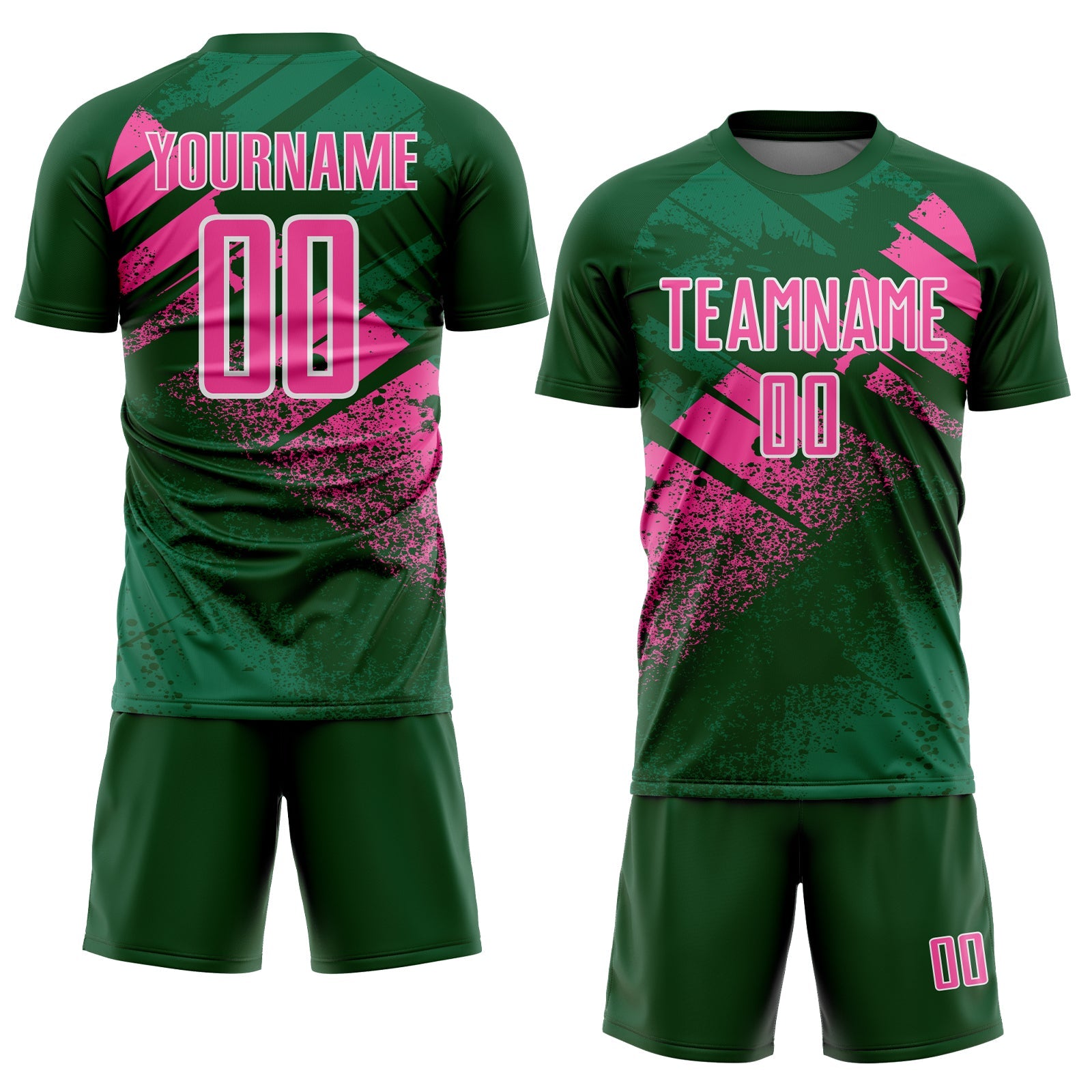 Custom Green Pink-White Grunge Splatter Brush Stroke Sublimation Soccer Uniform Jersey view 2