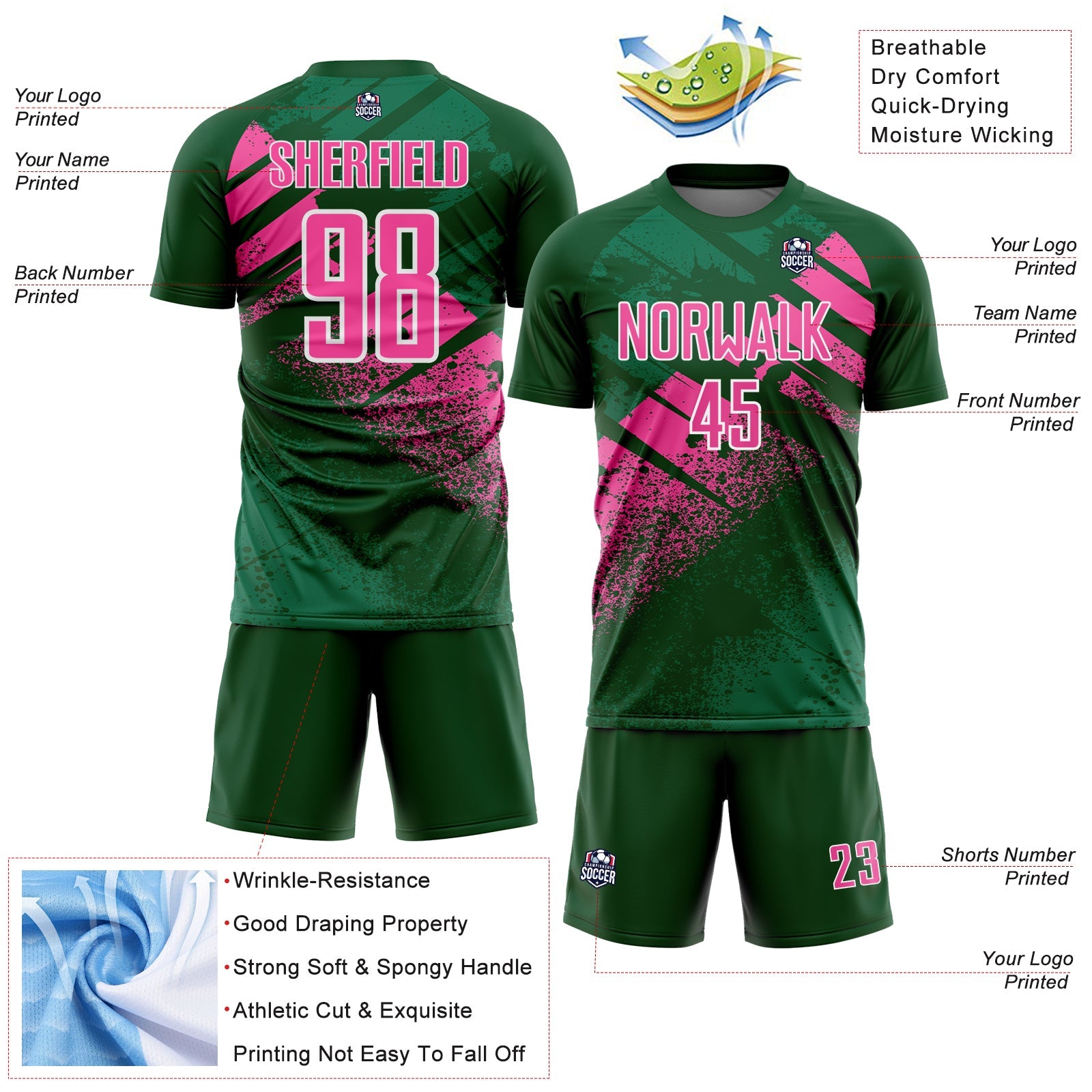 Custom Green Pink-White Grunge Splatter Brush Stroke Sublimation Soccer Uniform Jersey view 4