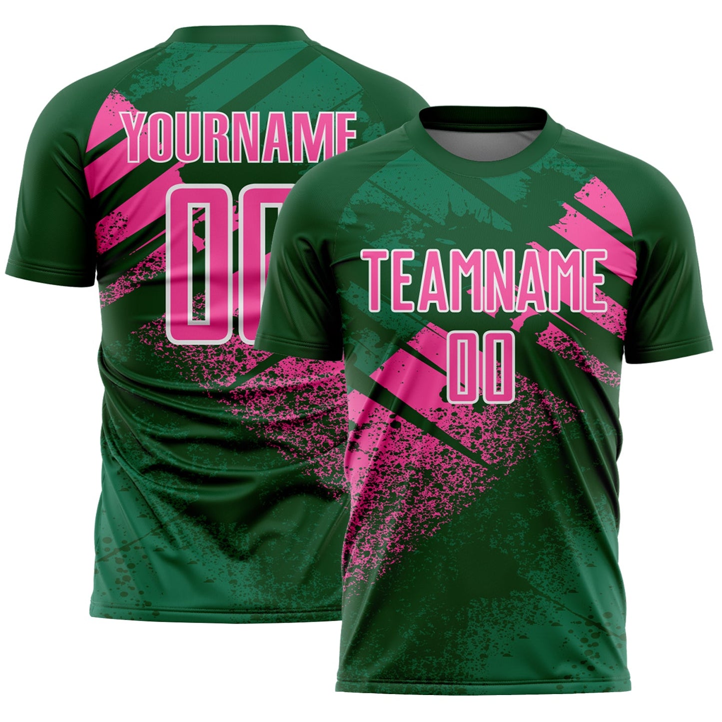 Custom Green Pink-White Grunge Splatter Brush Stroke Sublimation Soccer Uniform Jersey - Main View