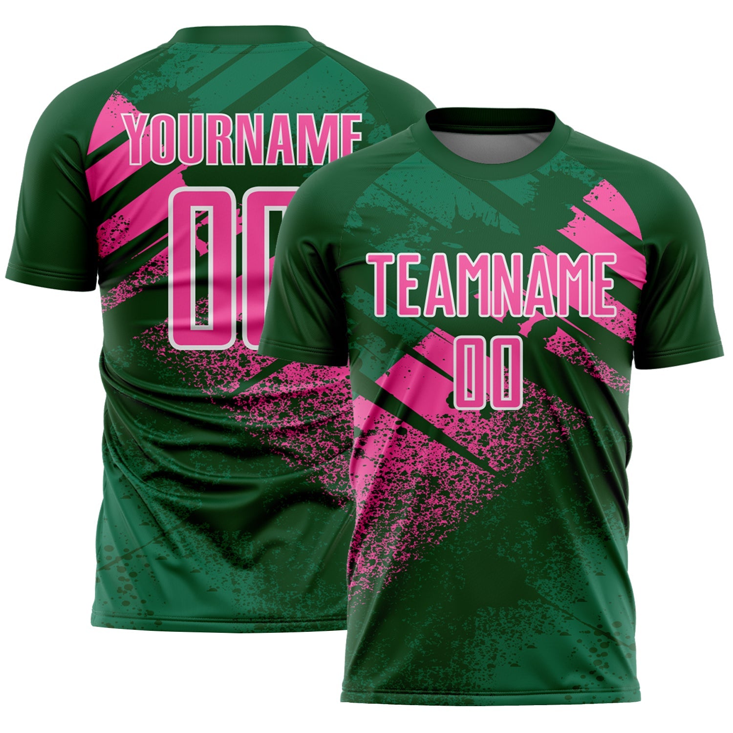 Custom Green Pink-White Grunge Splatter Brush Stroke Sublimation Soccer Uniform Jersey - Main View