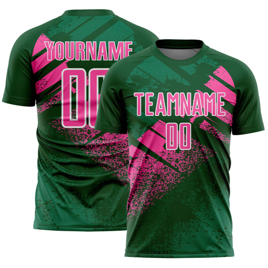 Custom Green Pink-White Grunge Splatter Brush Stroke Sublimation Soccer Uniform Jersey - Main View