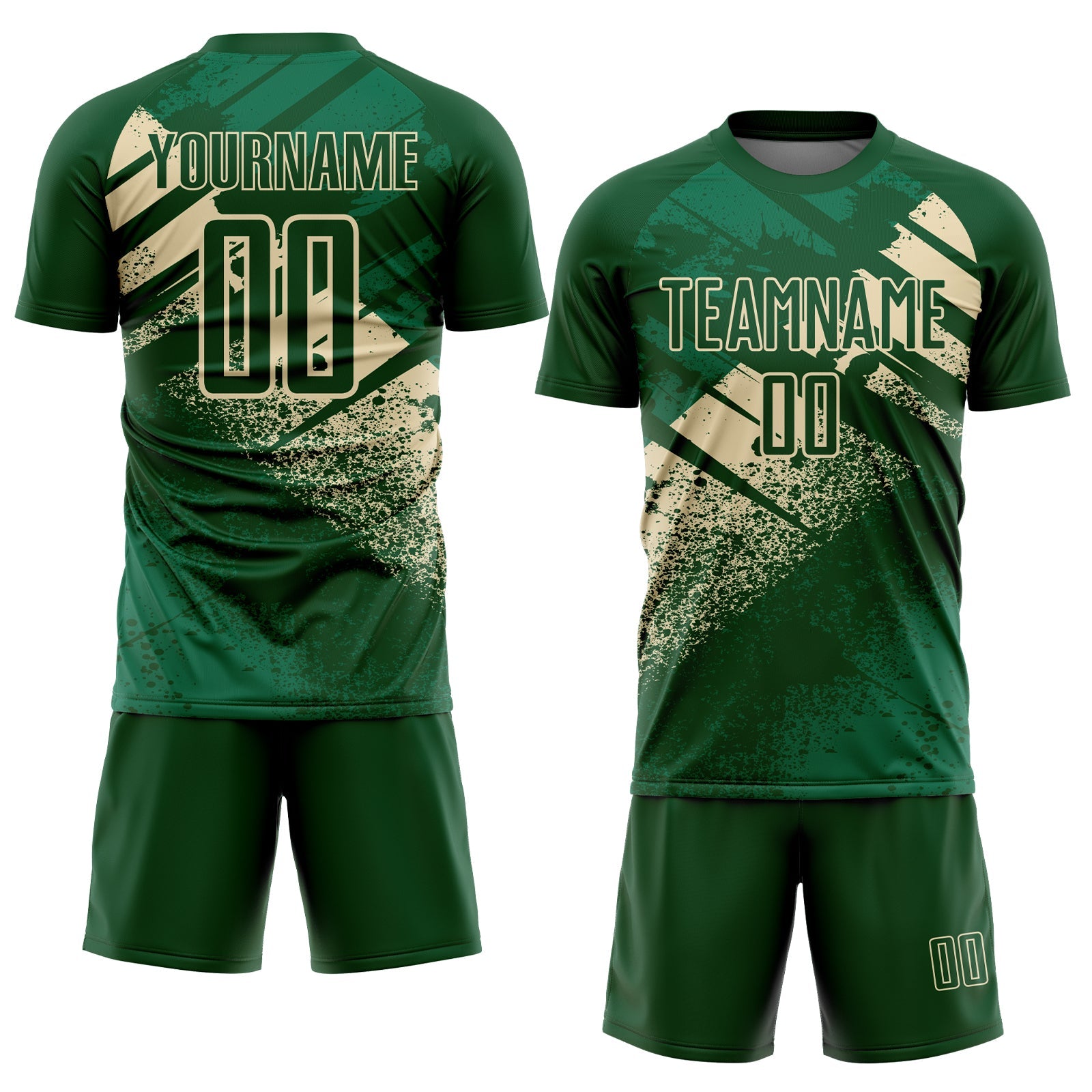Custom Green-Cream Grunge Splatter Brush Stroke Sublimation Soccer Uniform Jersey view 2