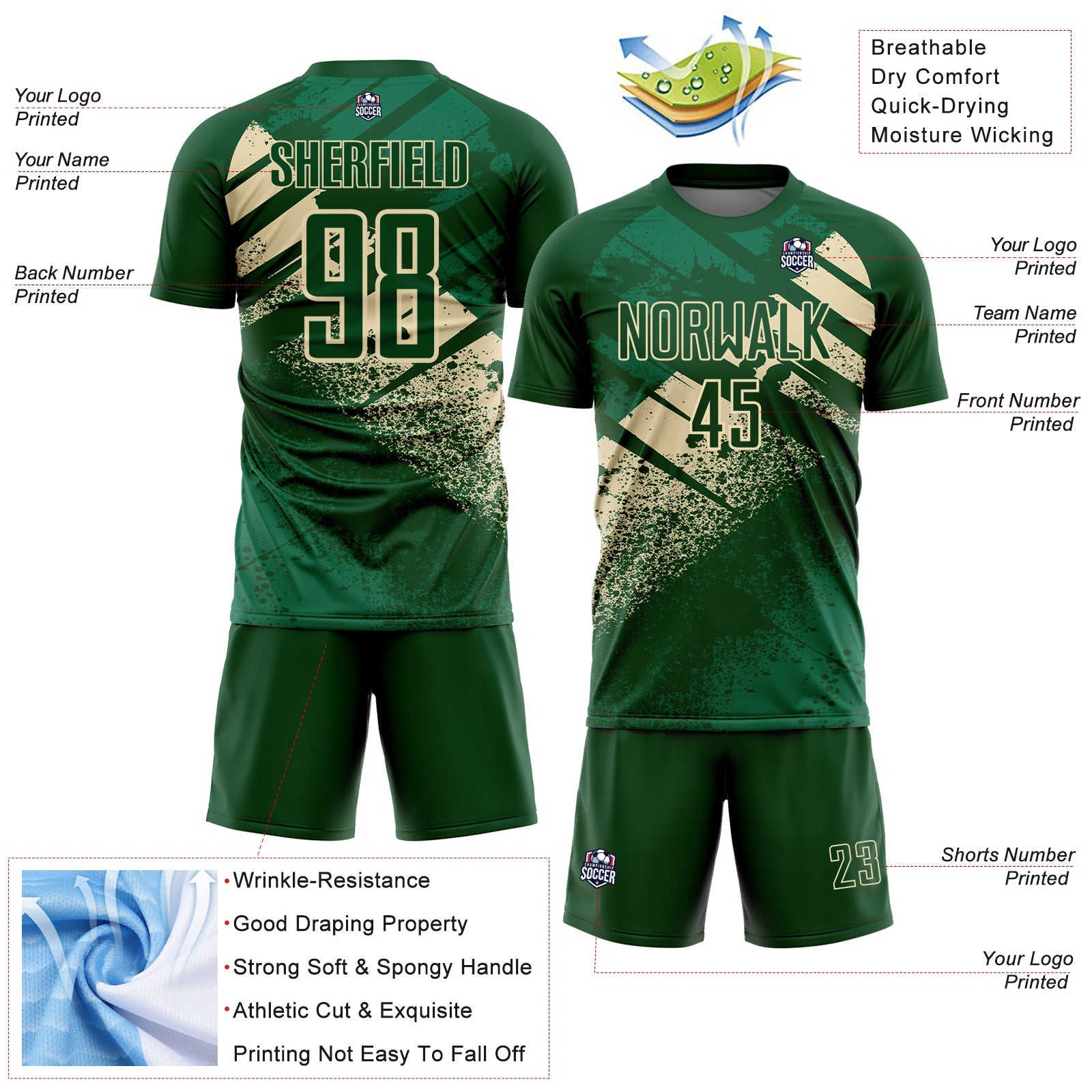 Custom Green-Cream Grunge Splatter Brush Stroke Sublimation Soccer Uniform Jersey view 4