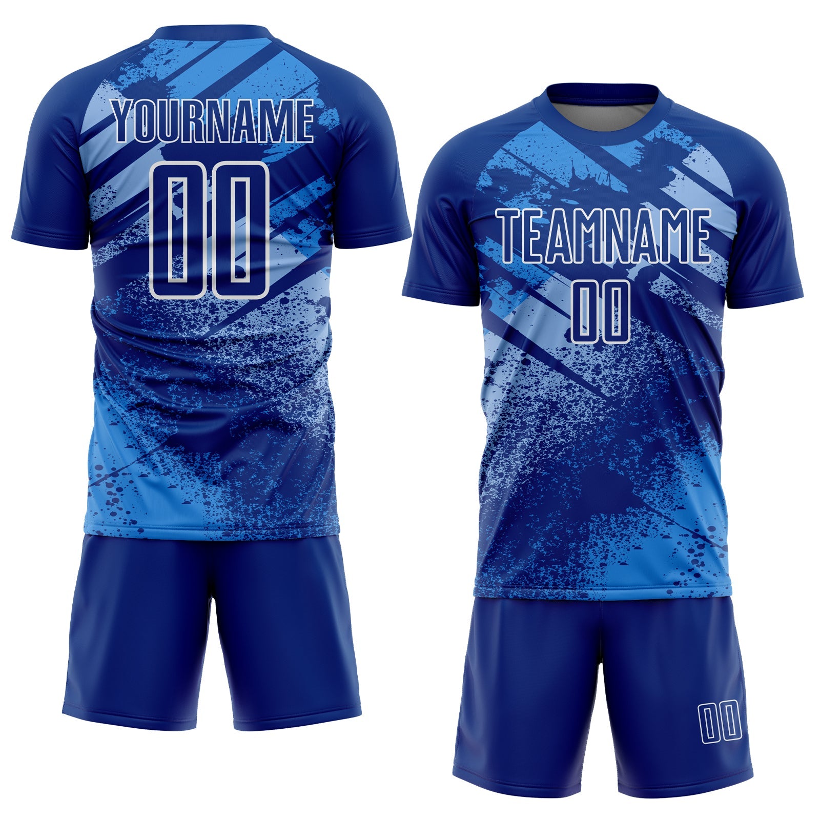Custom Royal Light Blue-White Grunge Splatter Brush Stroke Sublimation Soccer Uniform Jersey view 2