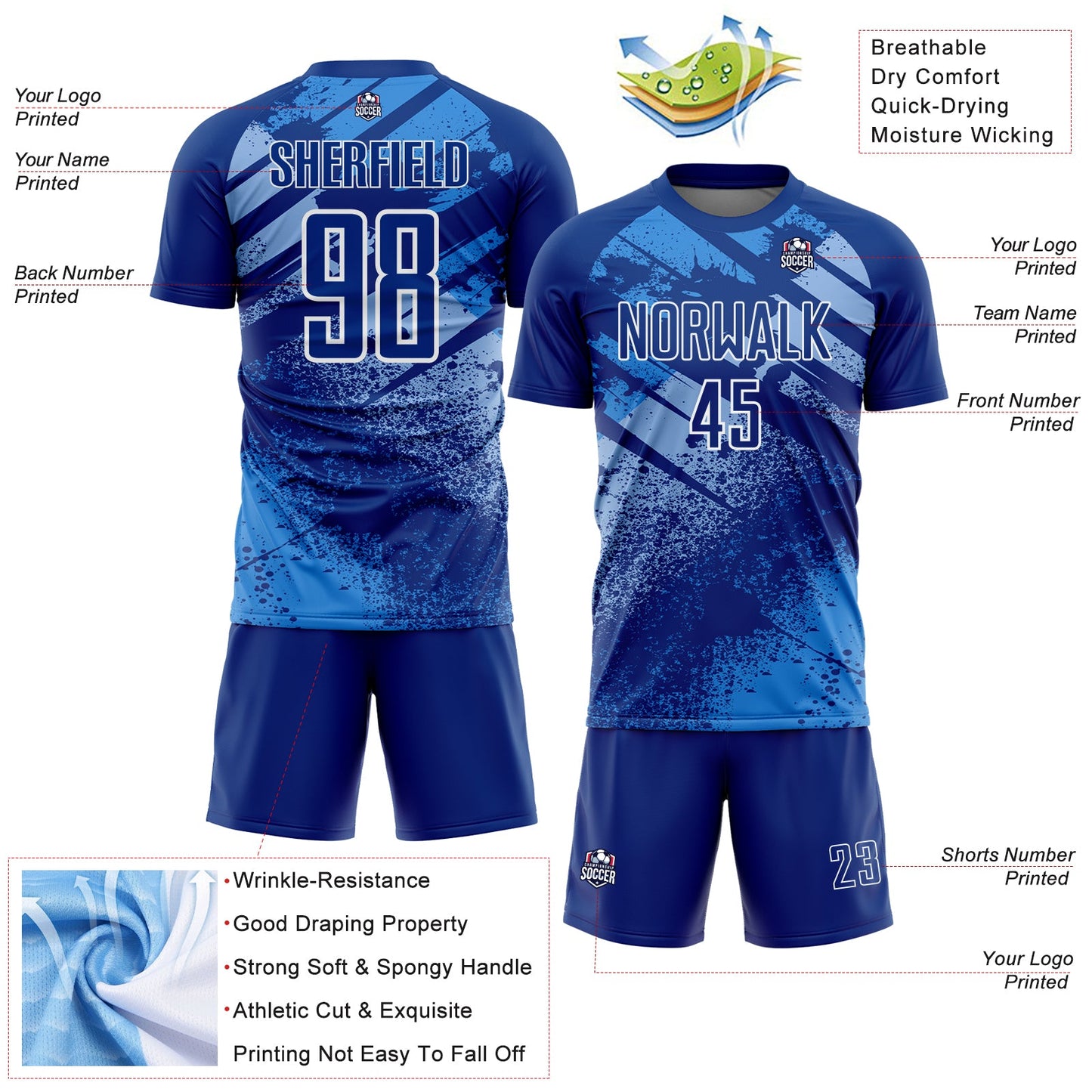 Custom Royal Light Blue-White Grunge Splatter Brush Stroke Sublimation Soccer Uniform Jersey view 4