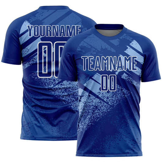 Custom Royal Light Blue-White Grunge Splatter Brush Stroke Sublimation Soccer Uniform Jersey - Main View
