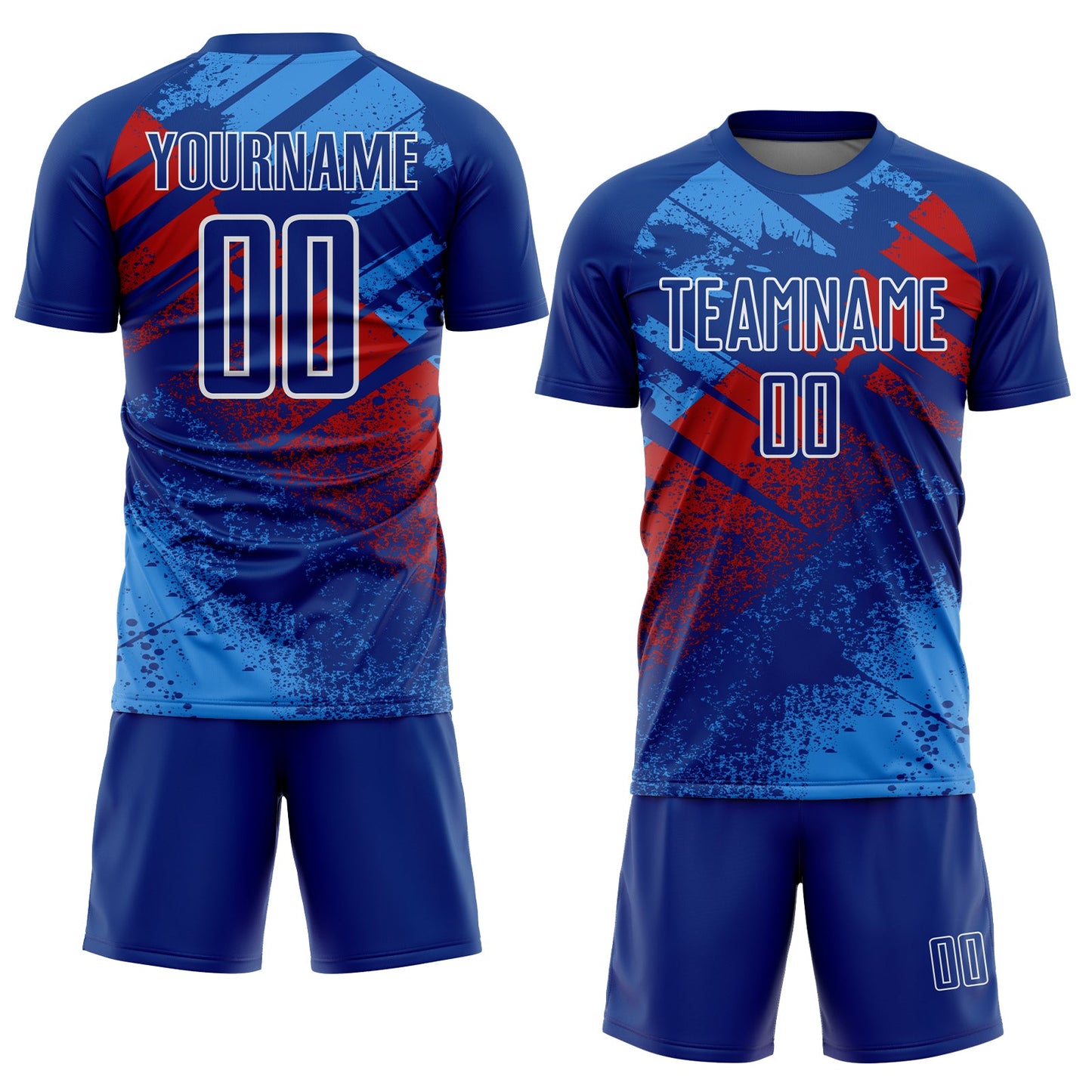 Custom Royal Red-White Grunge Splatter Brush Stroke Sublimation Soccer Uniform Jersey view 2
