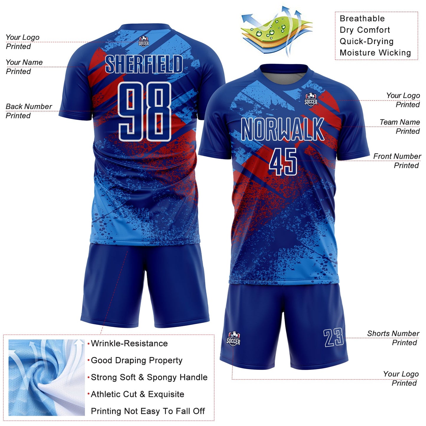 Custom Royal Red-White Grunge Splatter Brush Stroke Sublimation Soccer Uniform Jersey view 4