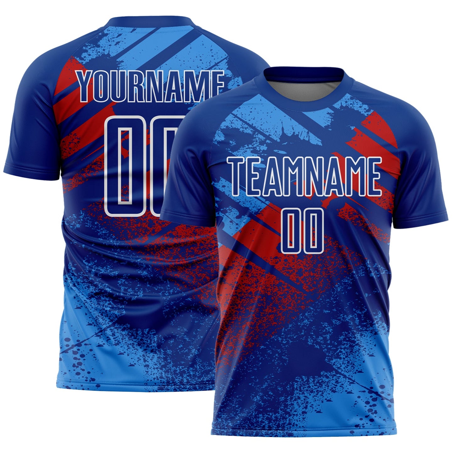 Custom Royal Red-White Grunge Splatter Brush Stroke Sublimation Soccer Uniform Jersey - Main View