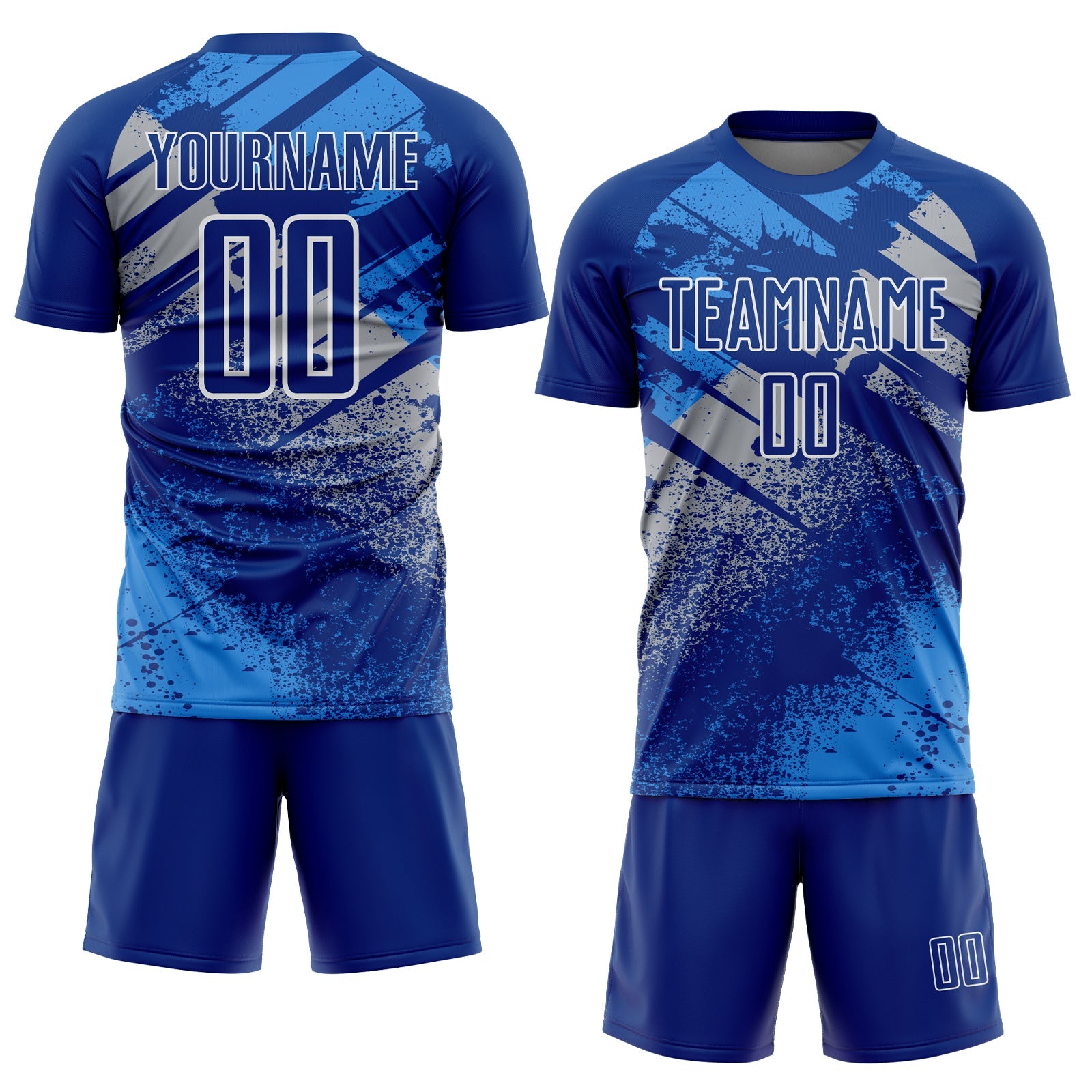 Custom Royal Gray-White Grunge Splatter Brush Stroke Sublimation Soccer Uniform Jersey view 2