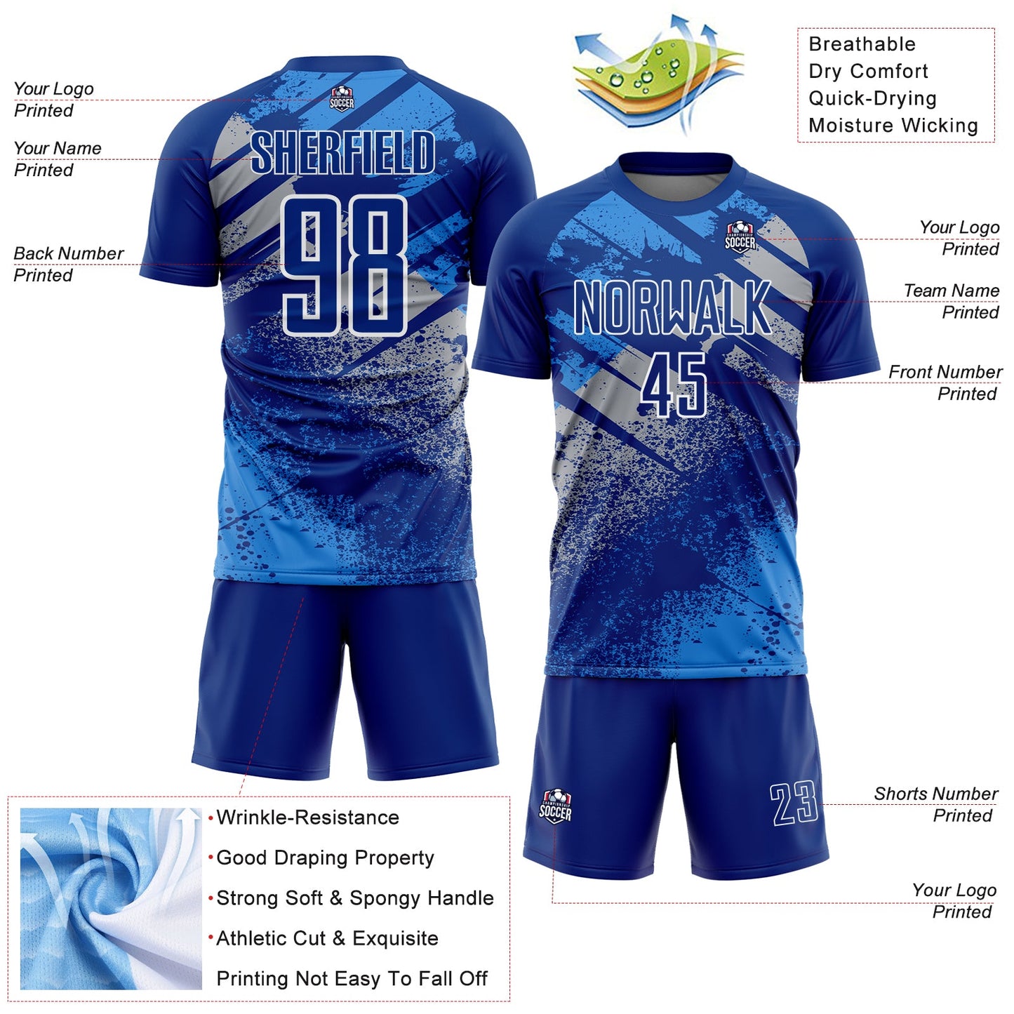 Custom Royal Gray-White Grunge Splatter Brush Stroke Sublimation Soccer Uniform Jersey view 4