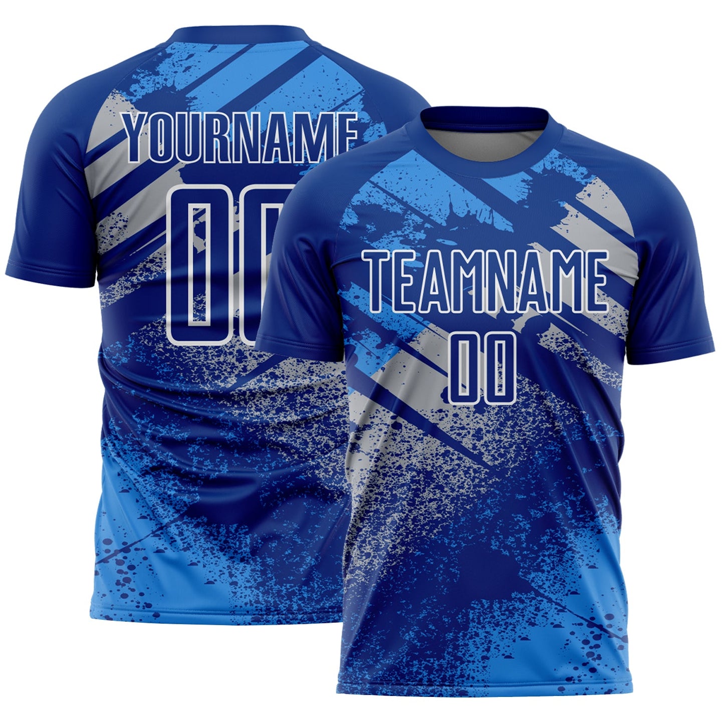 Custom Royal Gray-White Grunge Splatter Brush Stroke Sublimation Soccer Uniform Jersey - Main View