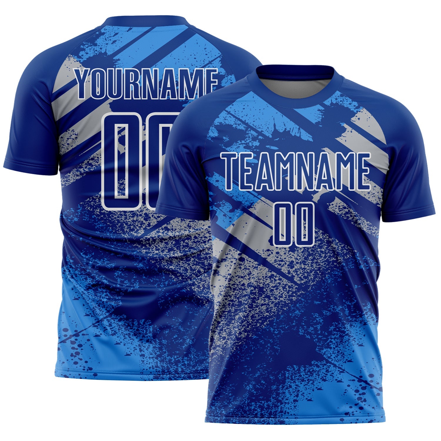 Custom Royal Gray-White Grunge Splatter Brush Stroke Sublimation Soccer Uniform Jersey - Main View