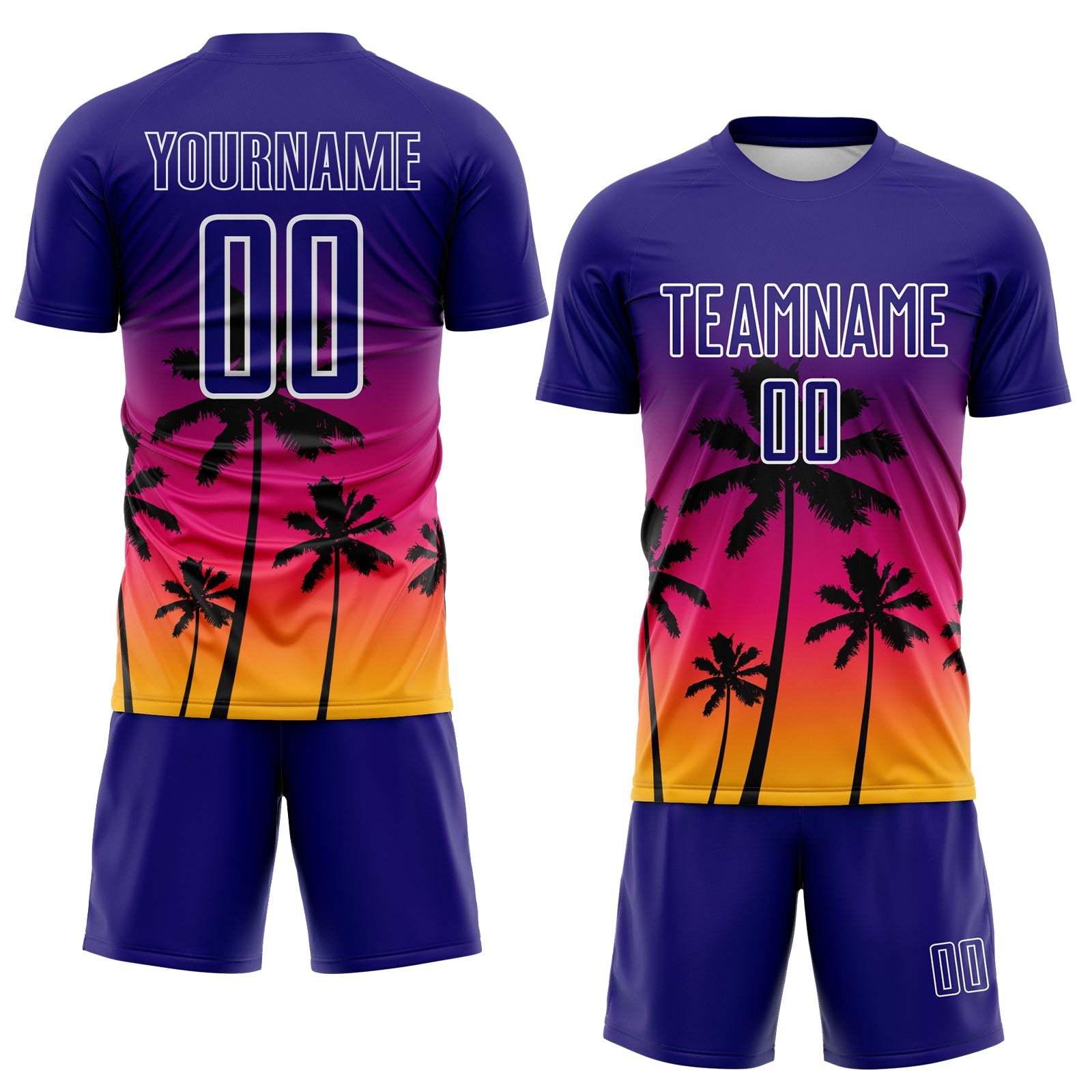 Custom Dark Purple Hot Pink Gold-White Tropical Hawaii Palm Trees Gradient Sublimation Soccer Uniform Jersey view 2