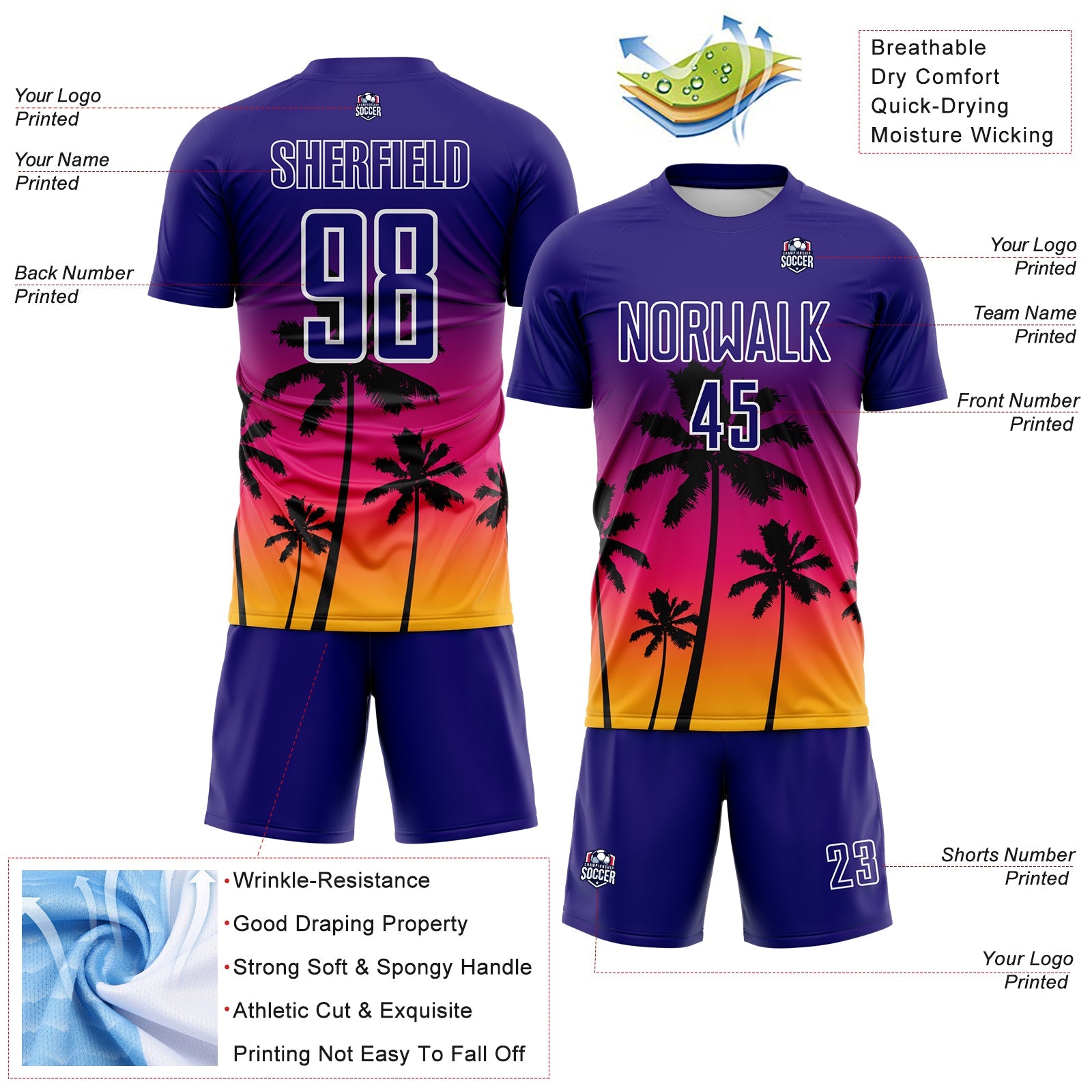 Custom Dark Purple Hot Pink Gold-White Tropical Hawaii Palm Trees Gradient Sublimation Soccer Uniform Jersey view 4