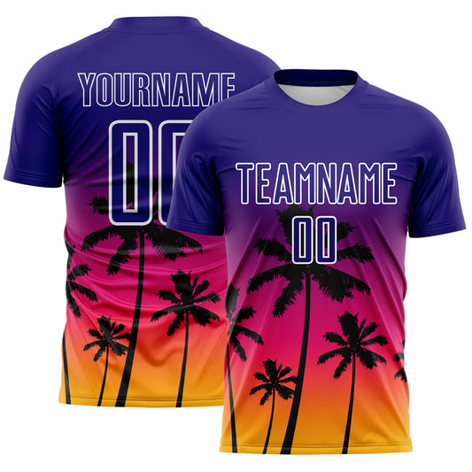 Custom Dark Purple Hot Pink Gold-White Tropical Hawaii Palm Trees Gradient Sublimation Soccer Uniform Jersey - Main View