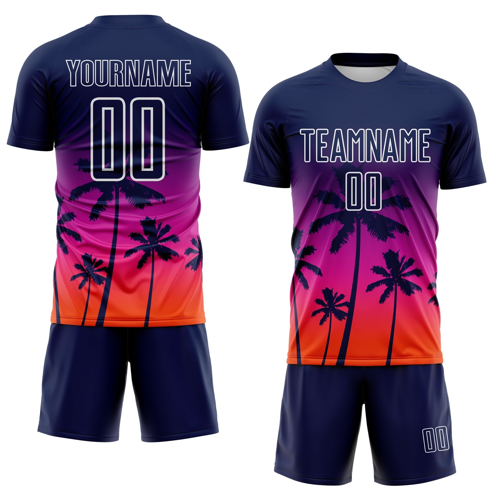 Custom Navy Deep Pink Orange-White Tropical Hawaii Palm Trees Gradient Sublimation Soccer Uniform Jersey view 2
