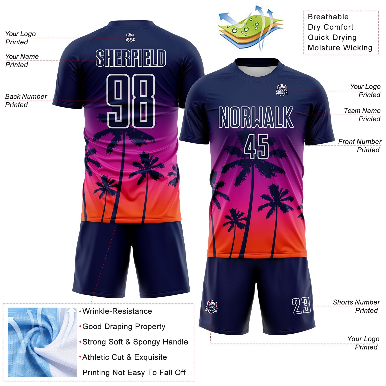 Custom Navy Deep Pink Orange-White Tropical Hawaii Palm Trees Gradient Sublimation Soccer Uniform Jersey view 4