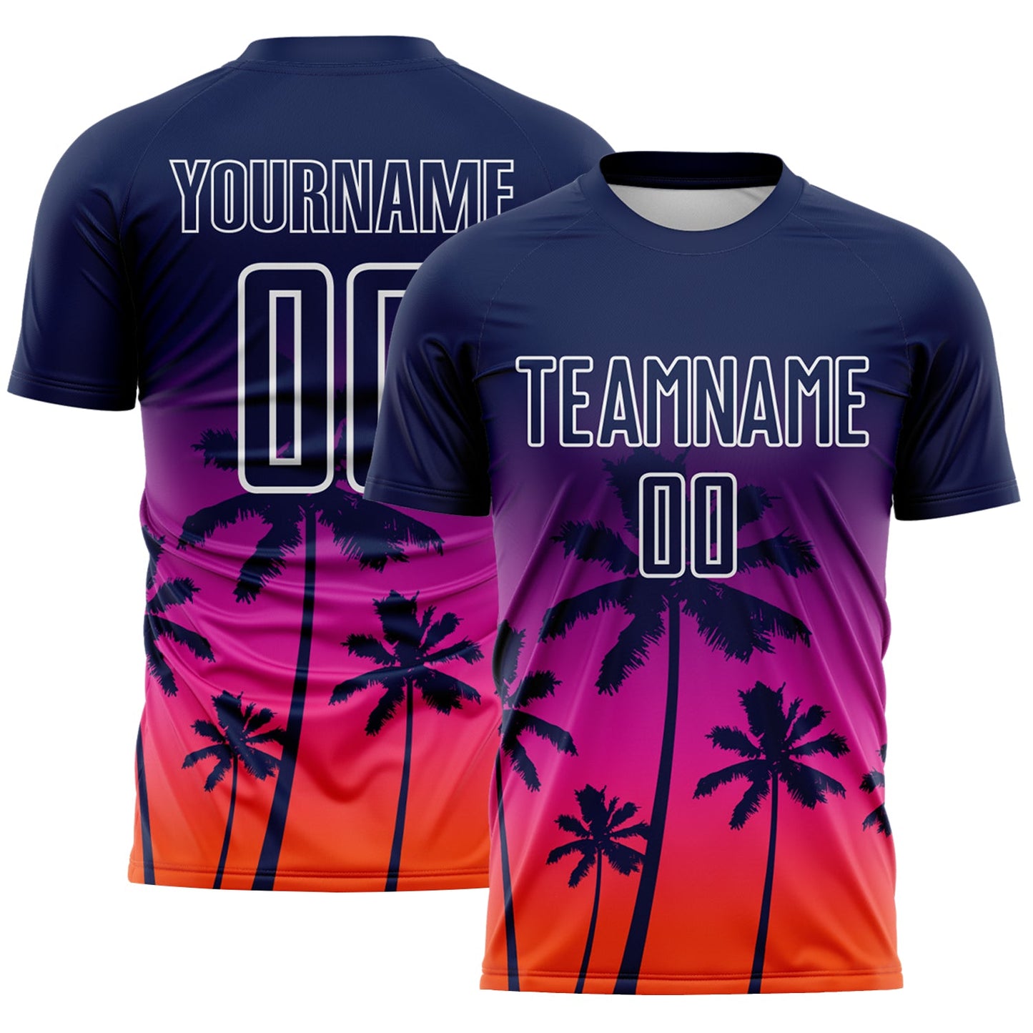 Custom Navy Deep Pink Orange-White Tropical Hawaii Palm Trees Gradient Sublimation Soccer Uniform Jersey - Main View