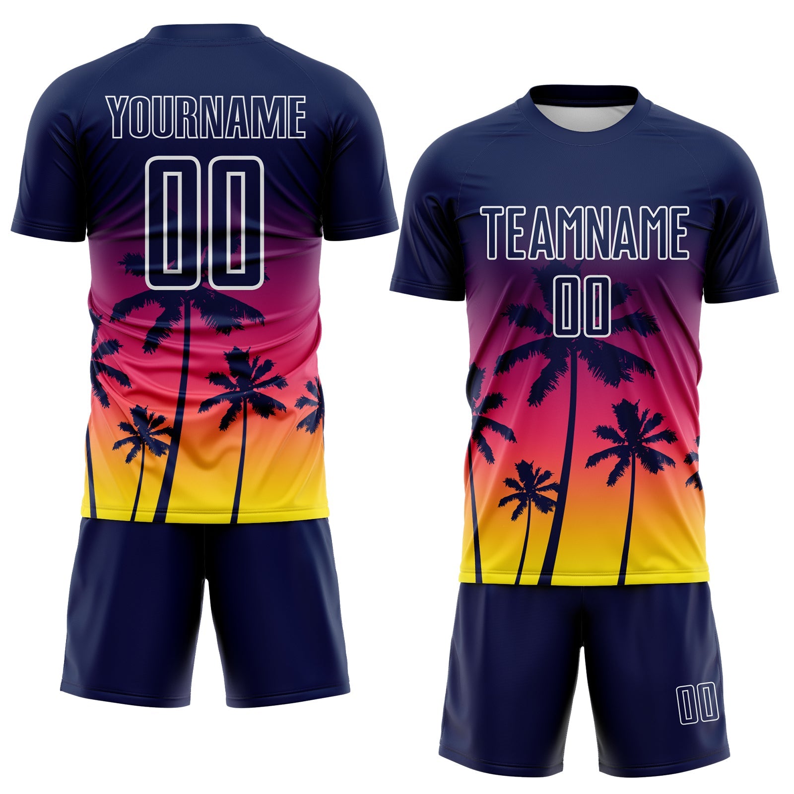 Custom Navy Neon Pink Light Yellow-White Tropical Hawaii Palm Trees Gradient Sublimation Soccer Uniform Jersey view 2