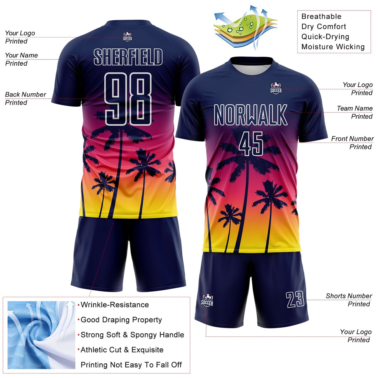 Custom Navy Neon Pink Light Yellow-White Tropical Hawaii Palm Trees Gradient Sublimation Soccer Uniform Jersey view 4