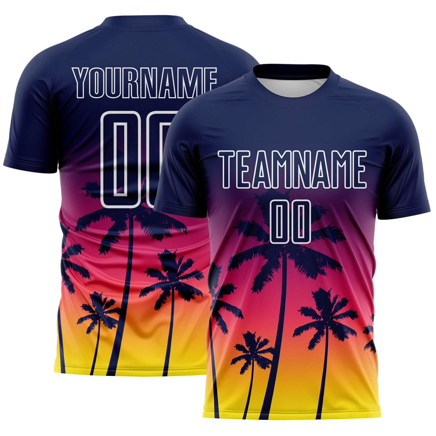 Custom Navy Neon Pink Light Yellow-White Tropical Hawaii Palm Trees Gradient Sublimation Soccer Uniform Jersey - Main View