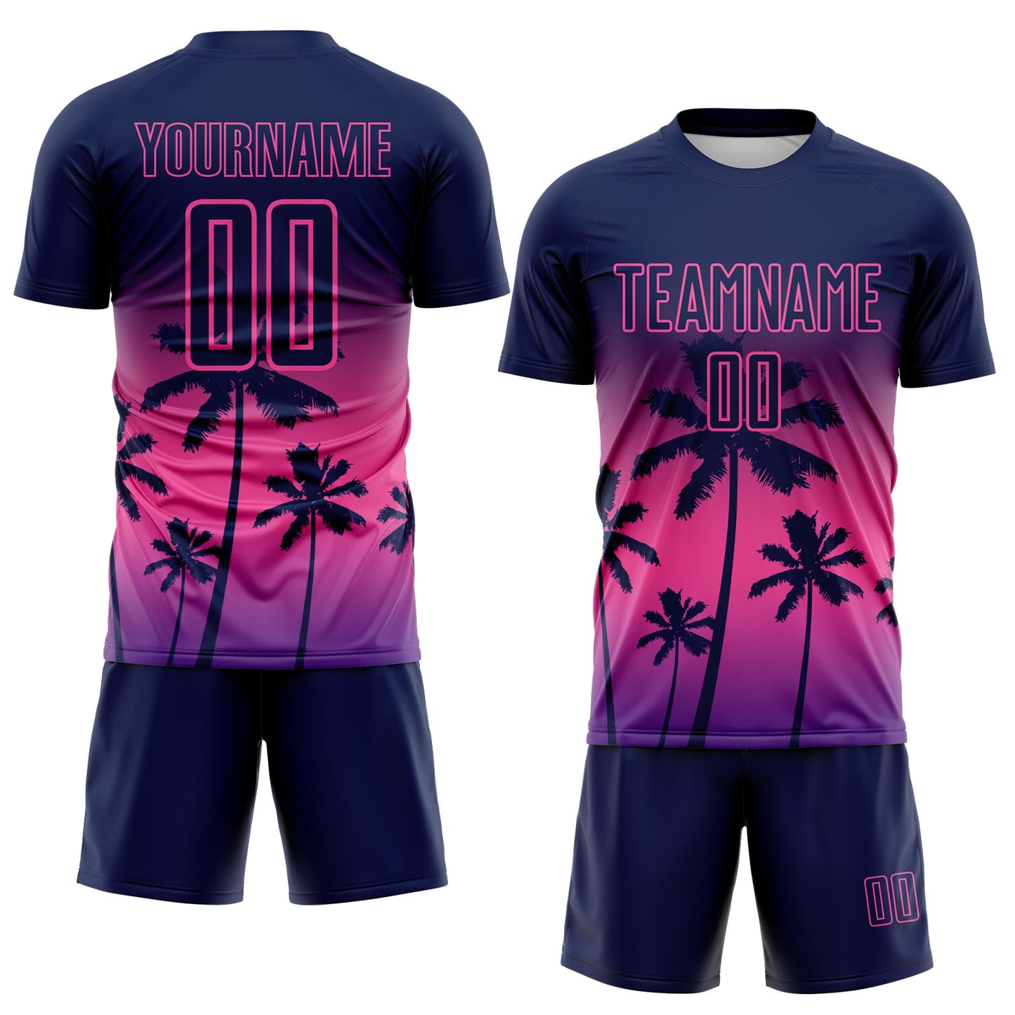 Custom Navy Pink-Purple Tropical Hawaii Palm Trees Gradient Sublimation Soccer Uniform Jersey view 2