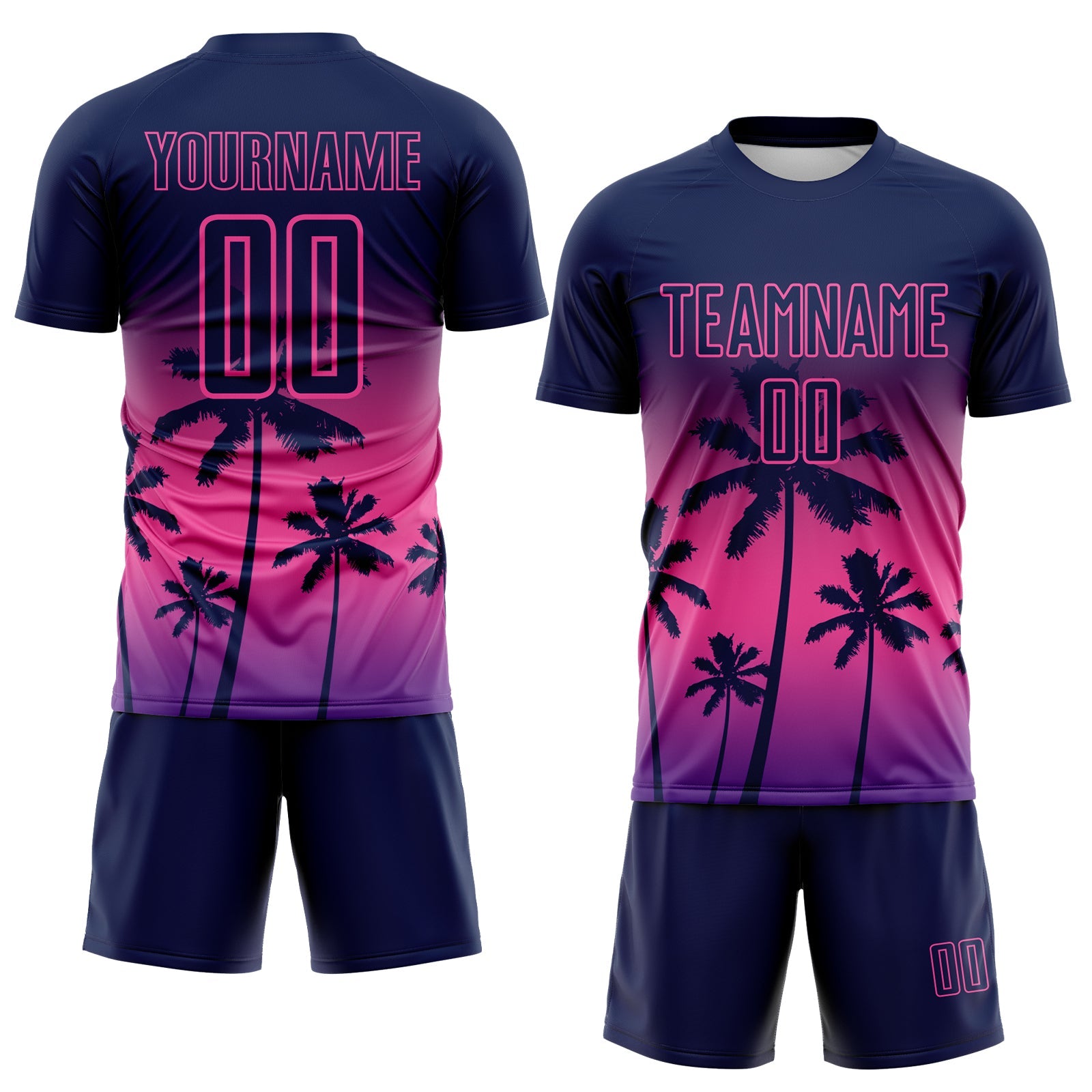 Custom Navy Pink-Purple Tropical Hawaii Palm Trees Gradient Sublimation Soccer Uniform Jersey view 2