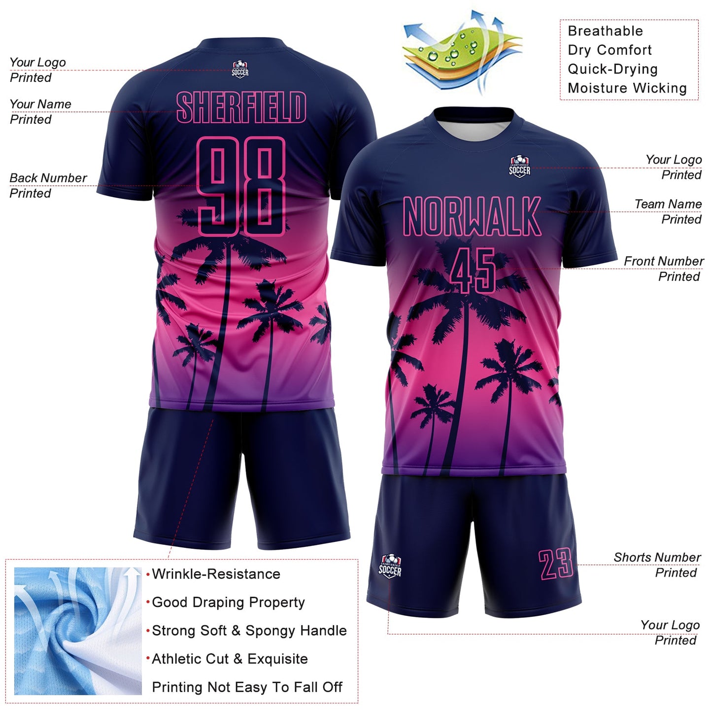 Custom Navy Pink-Purple Tropical Hawaii Palm Trees Gradient Sublimation Soccer Uniform Jersey view 4
