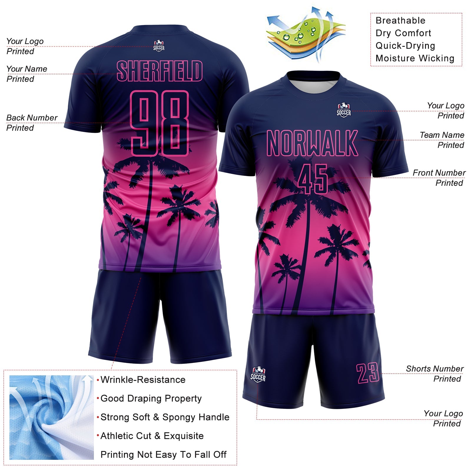 Custom Navy Pink-Purple Tropical Hawaii Palm Trees Gradient Sublimation Soccer Uniform Jersey view 4