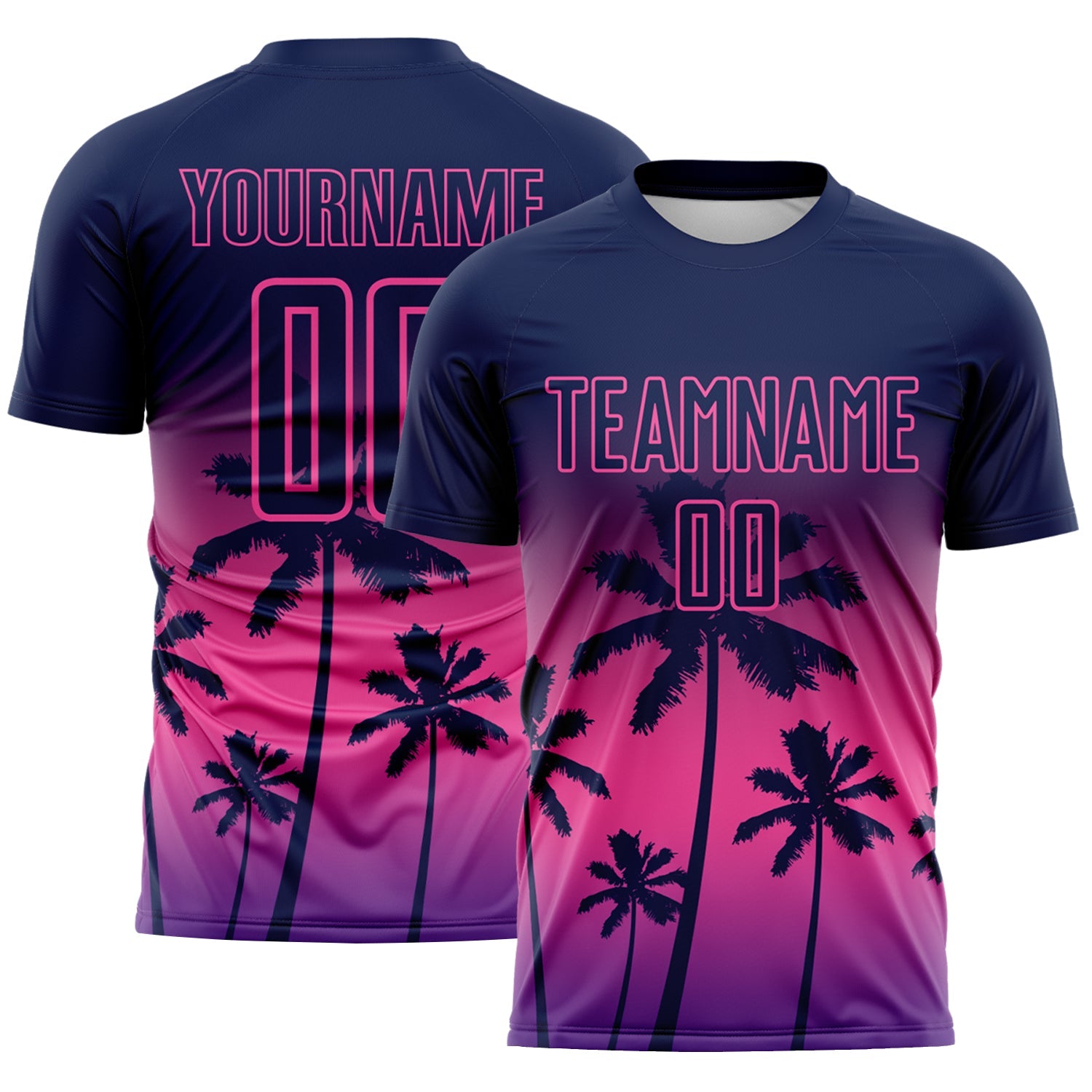 Custom Navy Pink-Purple Tropical Hawaii Palm Trees Gradient Sublimation Soccer Uniform Jersey - Main View