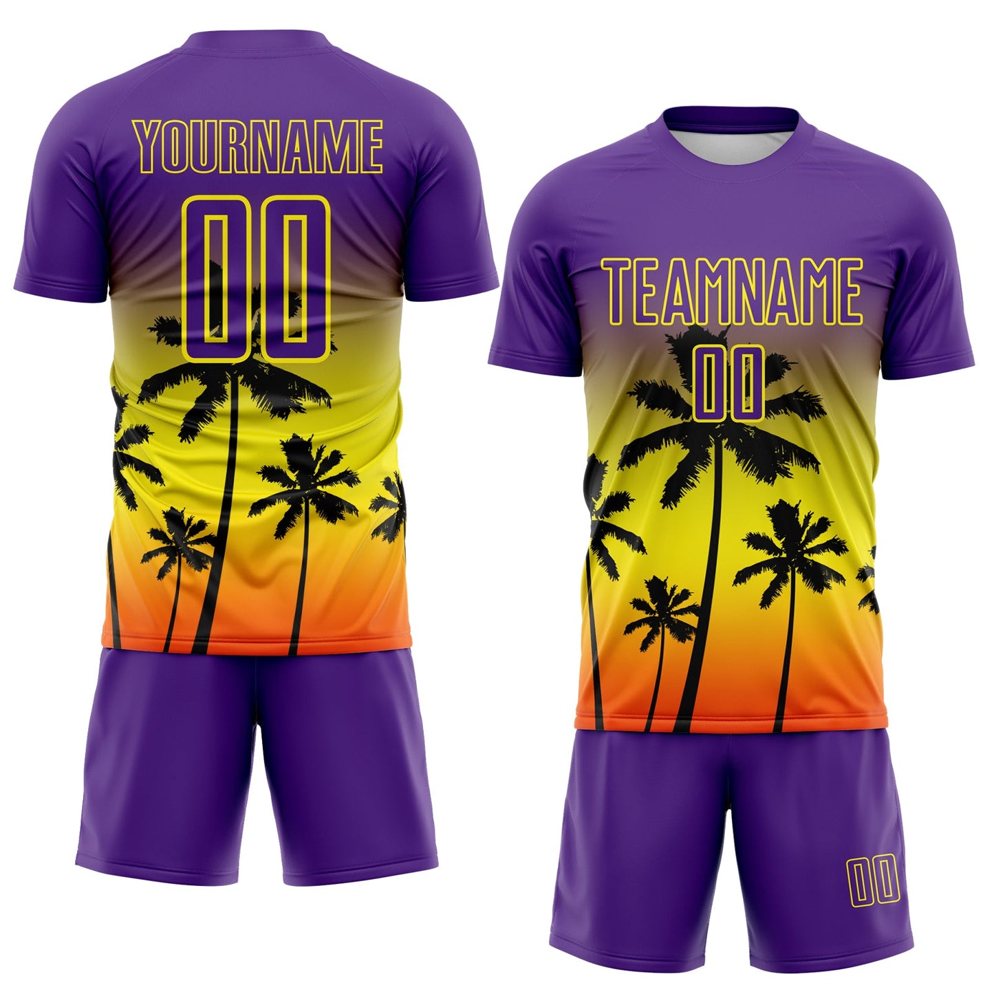 Custom Purple Light Yellow-Orange Tropical Hawaii Palm Trees Gradient Sublimation Soccer Uniform Jersey view 2