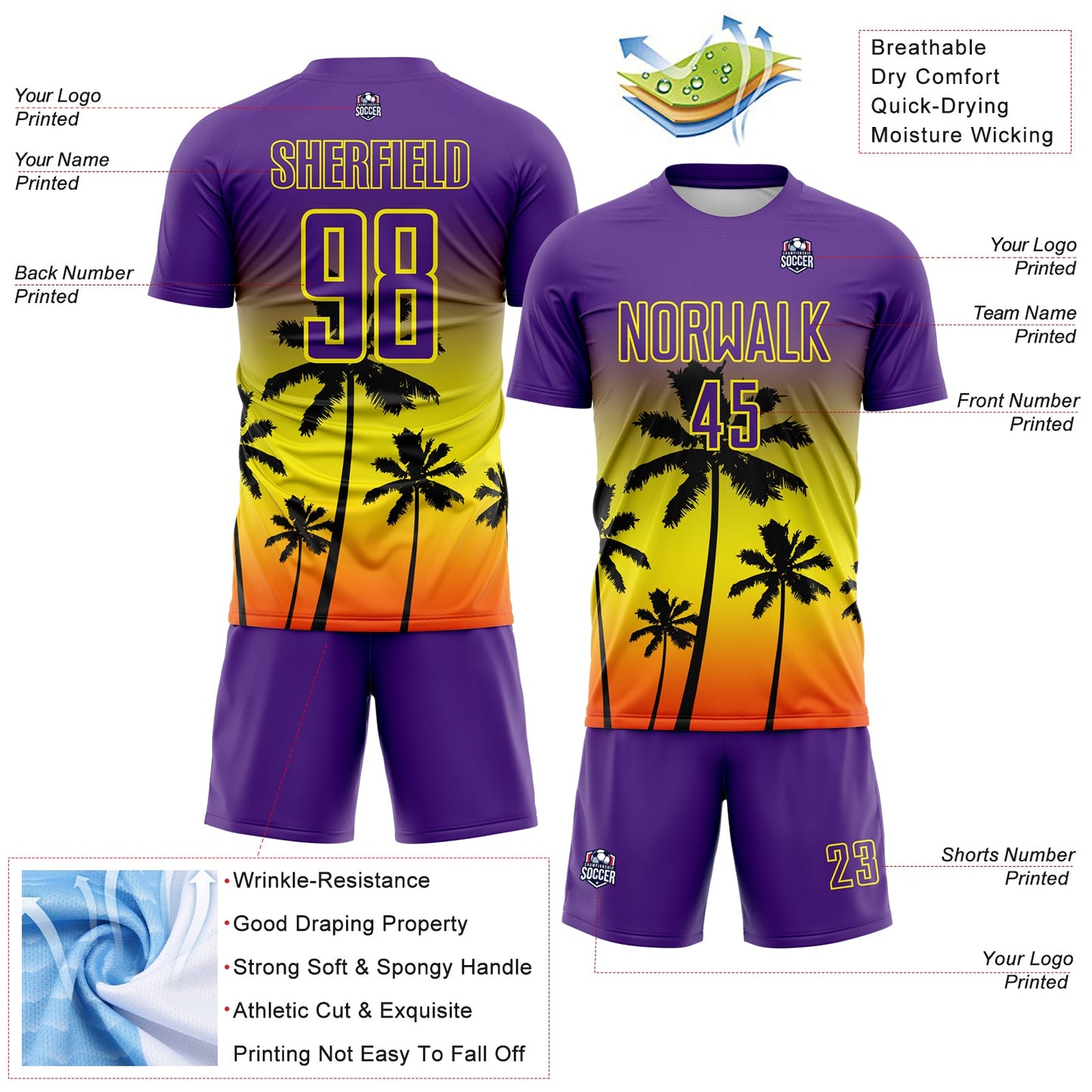 Custom Purple Light Yellow-Orange Tropical Hawaii Palm Trees Gradient Sublimation Soccer Uniform Jersey view 4