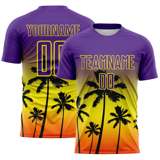 Custom Purple Light Yellow-Orange Tropical Hawaii Palm Trees Gradient Sublimation Soccer Uniform Jersey - Main View