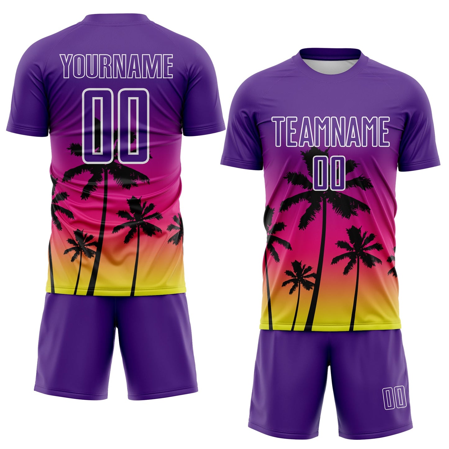 Custom Purple Hot Pink Neon Yellow-White Tropical Hawaii Palm Trees Gradient Sublimation Soccer Uniform Jersey view 2