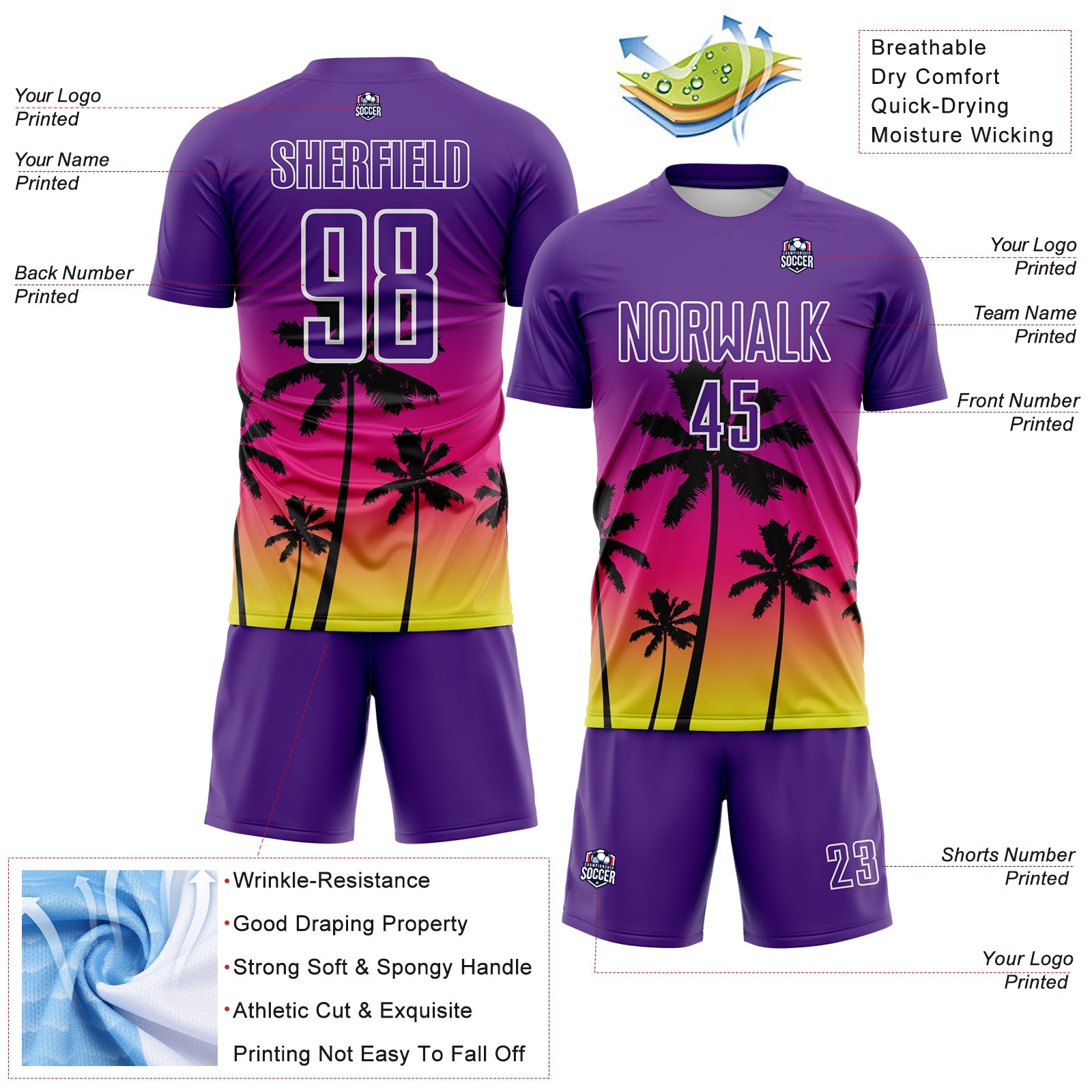 Custom Purple Hot Pink Neon Yellow-White Tropical Hawaii Palm Trees Gradient Sublimation Soccer Uniform Jersey view 4