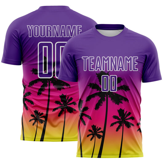 Custom Purple Hot Pink Neon Yellow-White Tropical Hawaii Palm Trees Gradient Sublimation Soccer Uniform Jersey - Main View