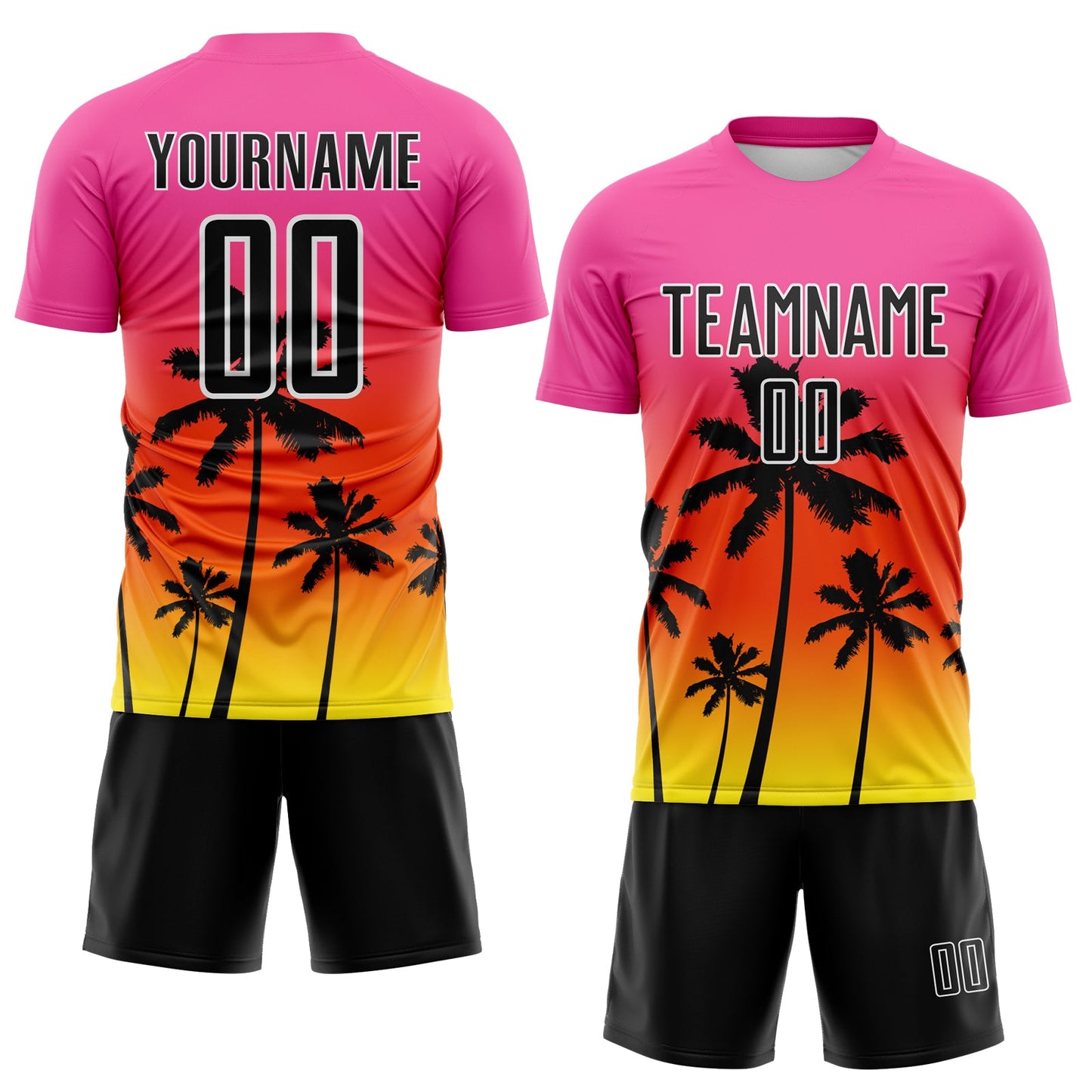 Custom Pink Black Orange Light Yellow-White Tropical Hawaii Palm Trees Gradient Sublimation Soccer Uniform Jersey view 2