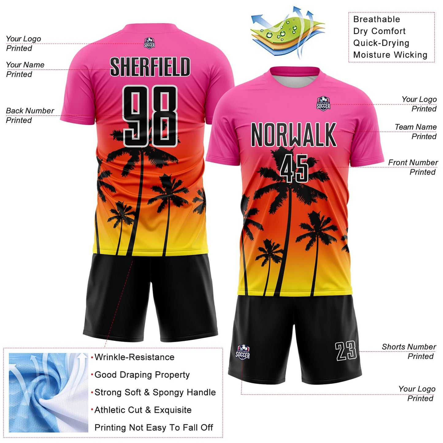 Custom Pink Black Orange Light Yellow-White Tropical Hawaii Palm Trees Gradient Sublimation Soccer Uniform Jersey view 4