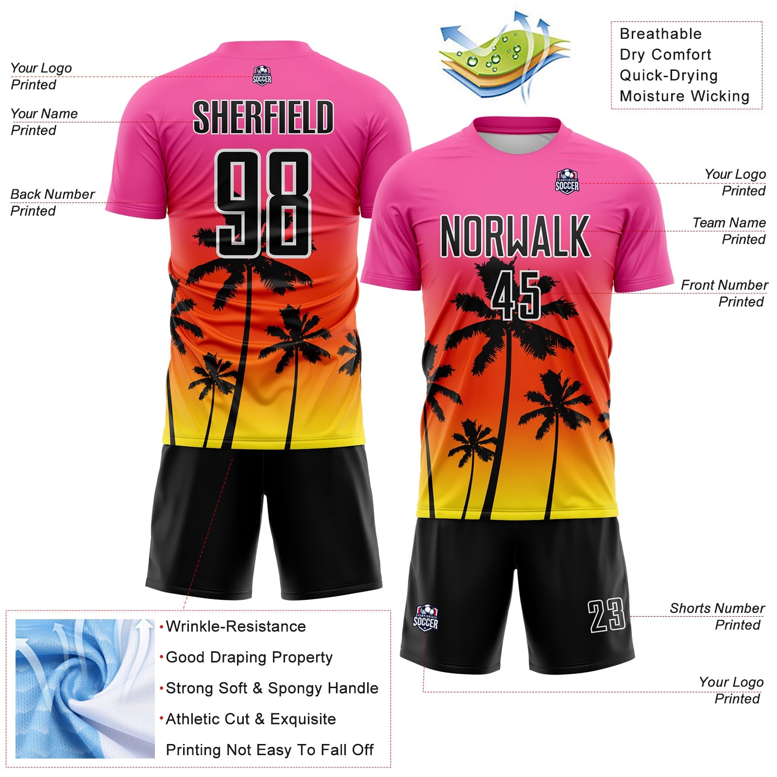 Custom Pink Black Orange Light Yellow-White Tropical Hawaii Palm Trees Gradient Sublimation Soccer Uniform Jersey view 4