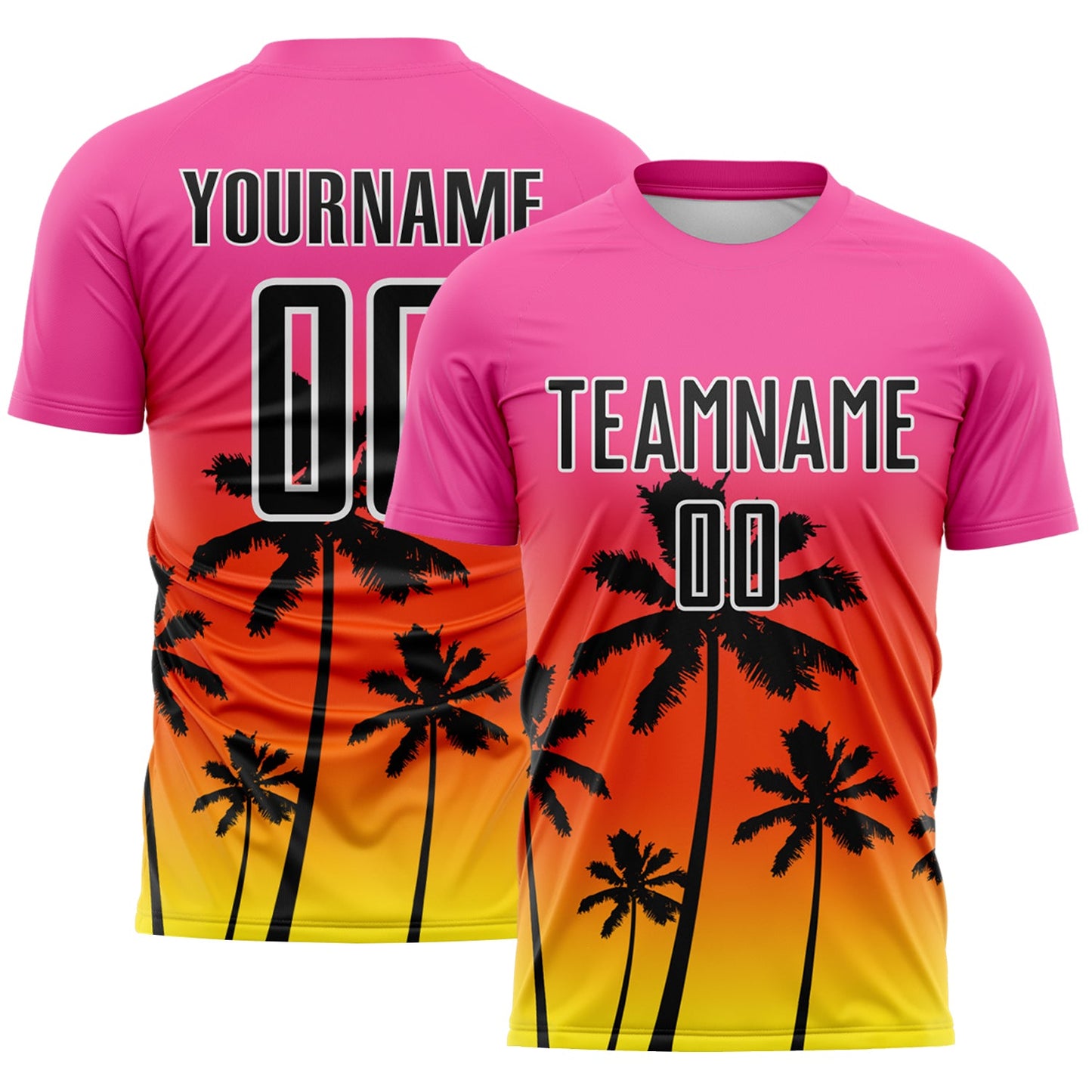 Custom Pink Black Orange Light Yellow-White Tropical Hawaii Palm Trees Gradient Sublimation Soccer Uniform Jersey - Main View
