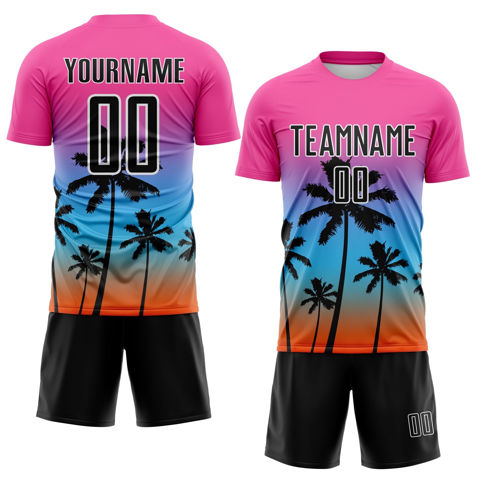 Custom Pink Black Sky Blue Orange-White Tropical Hawaii Palm Trees Gradient Sublimation Soccer Uniform Jersey view 2